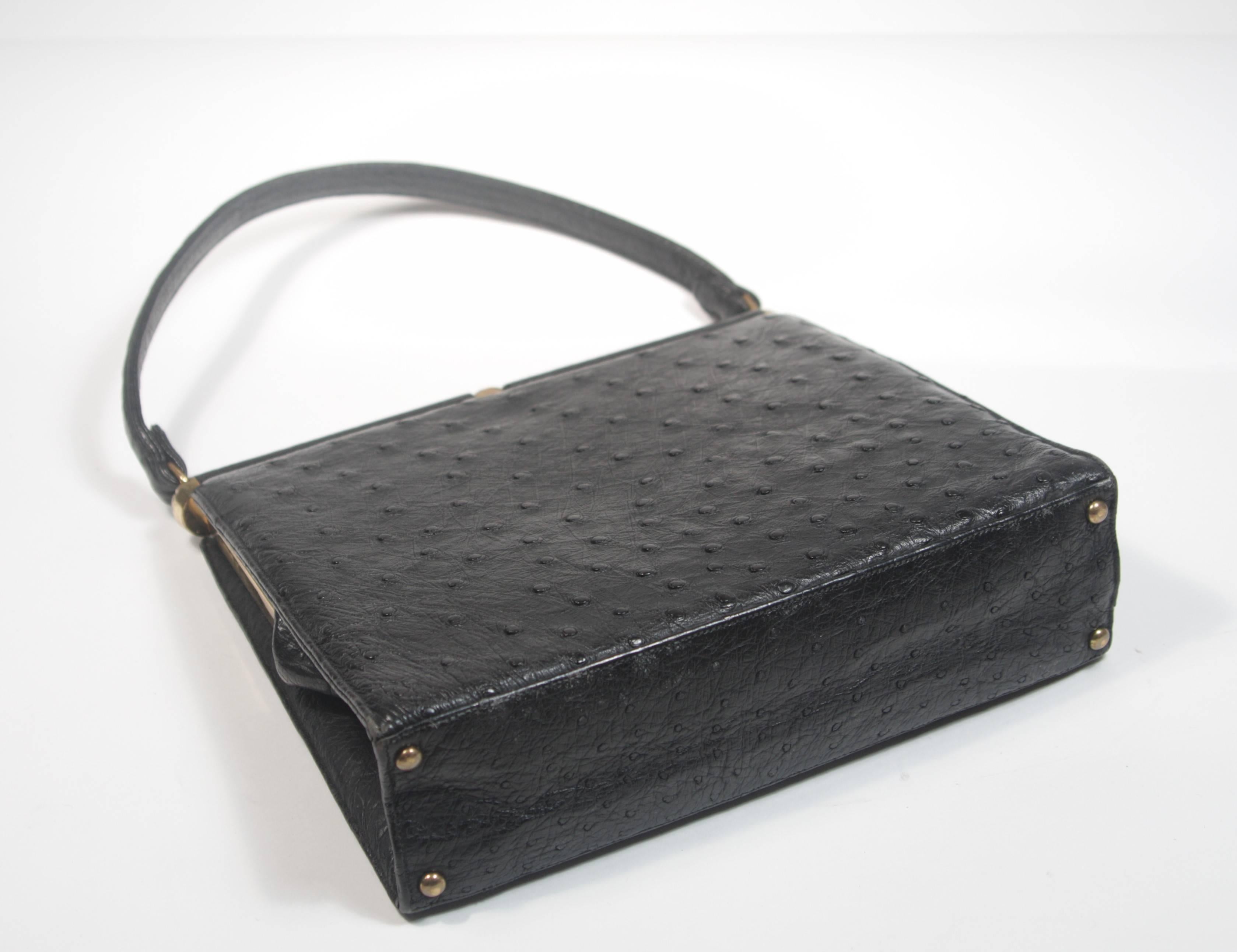 Lucille De Paris Black Ostrich Frame Handbag with Gold Hardware 3