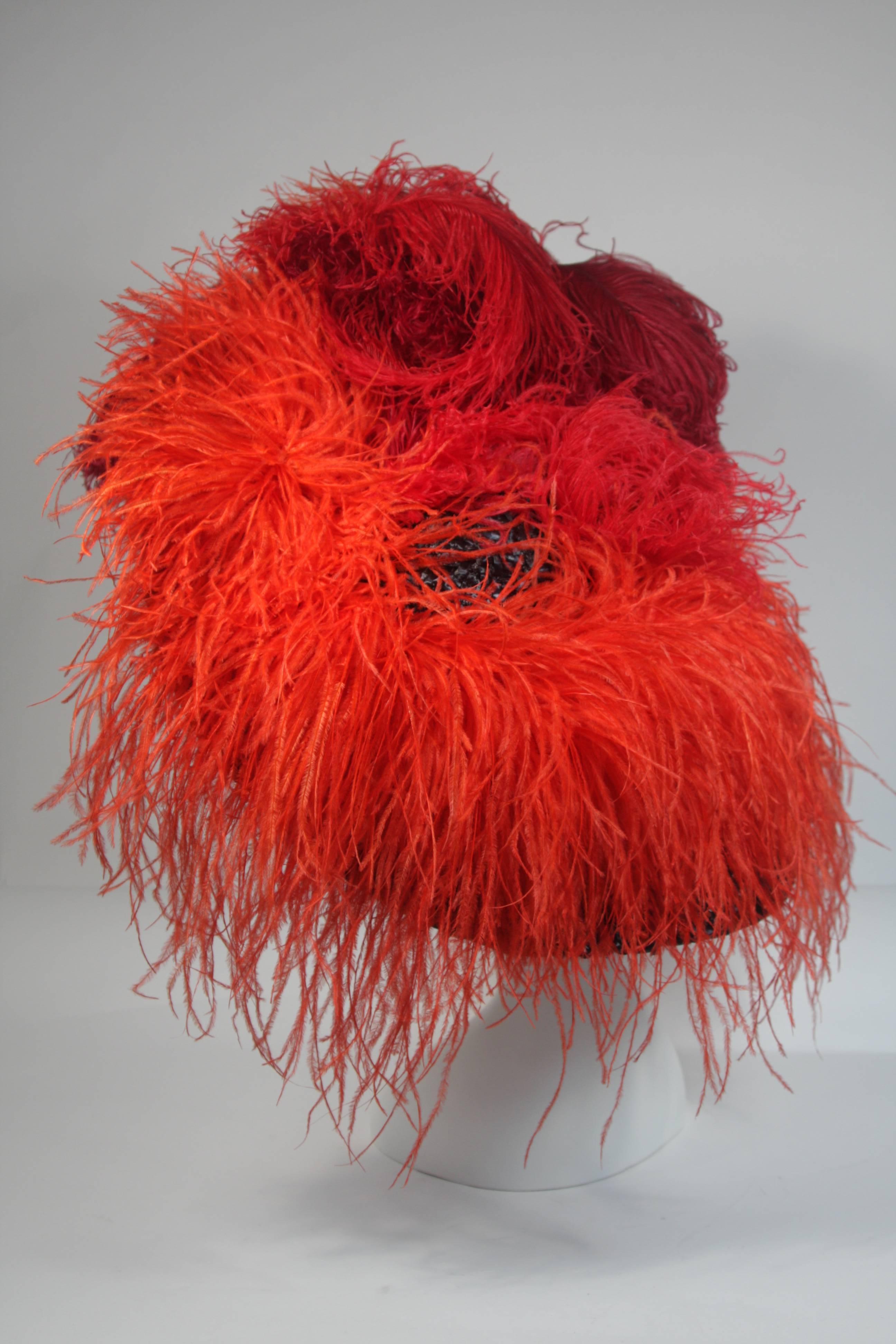 Galanos Navy Rafia Oversized Hat with Red and Orange Ostrich Feathers 5