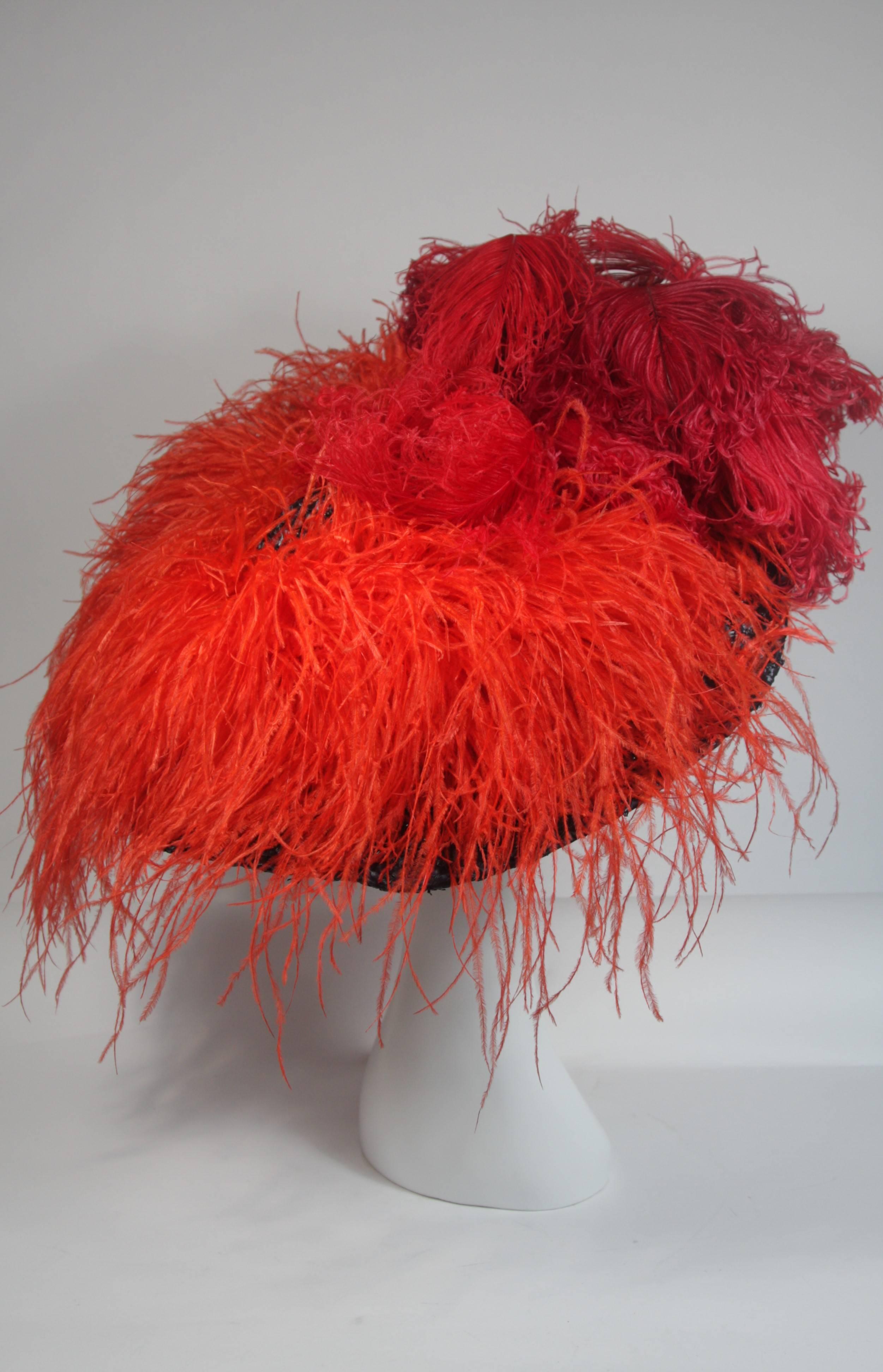 Galanos Navy Rafia Oversized Hat with Red and Orange Ostrich Feathers 4