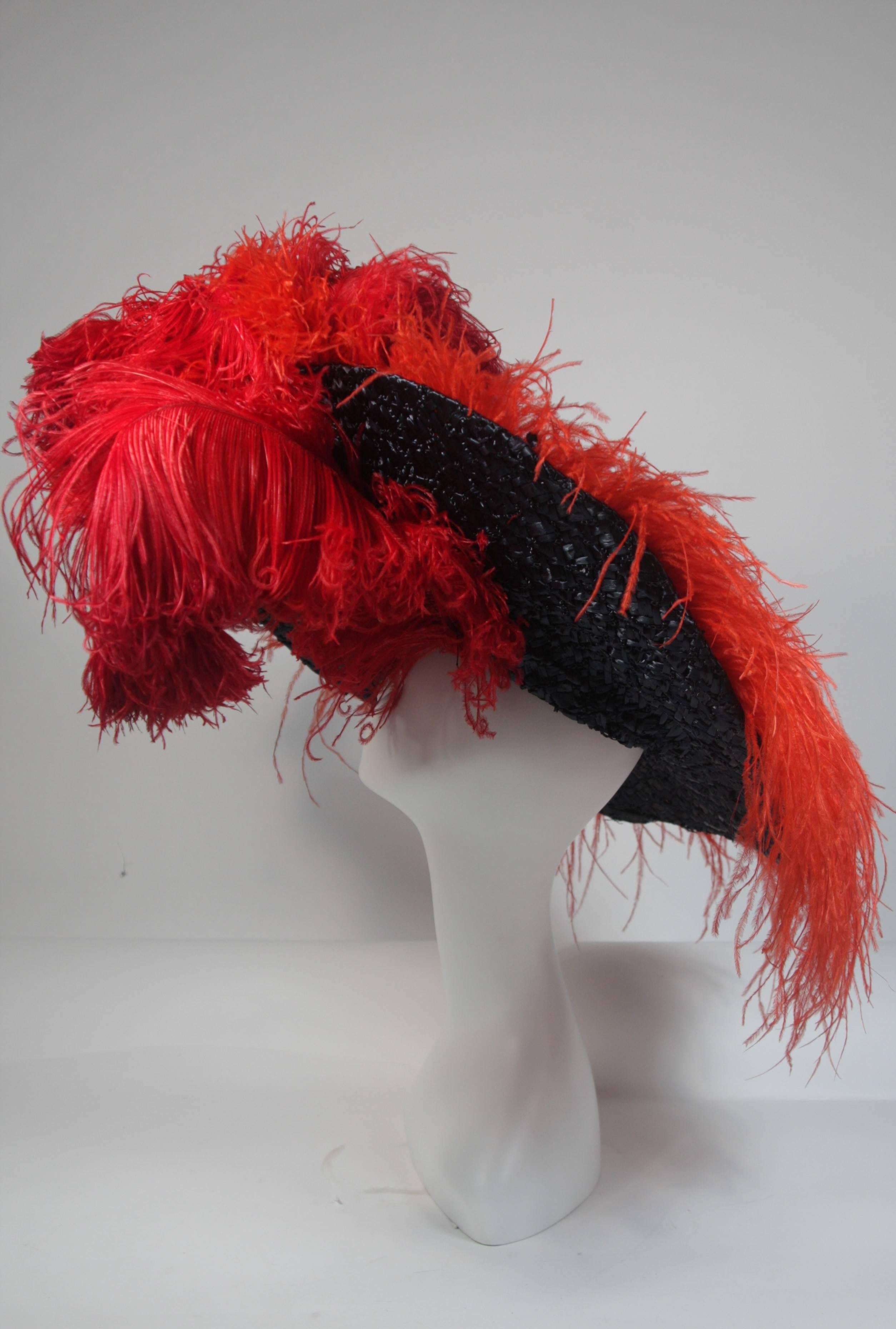 Galanos Navy Rafia Oversized Hat with Red and Orange Ostrich Feathers 3