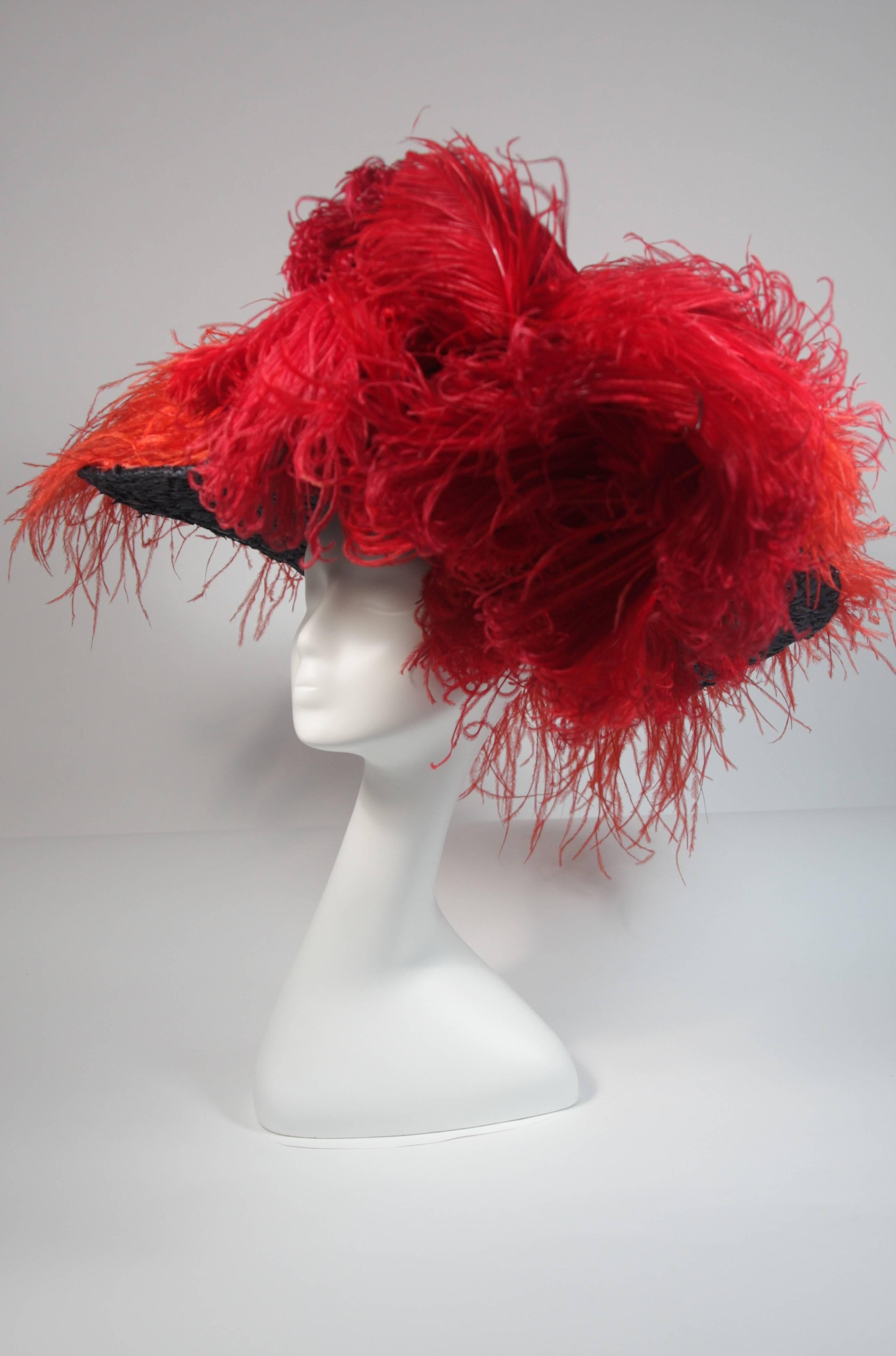 Galanos Navy Rafia Oversized Hat with Red and Orange Ostrich Feathers 2