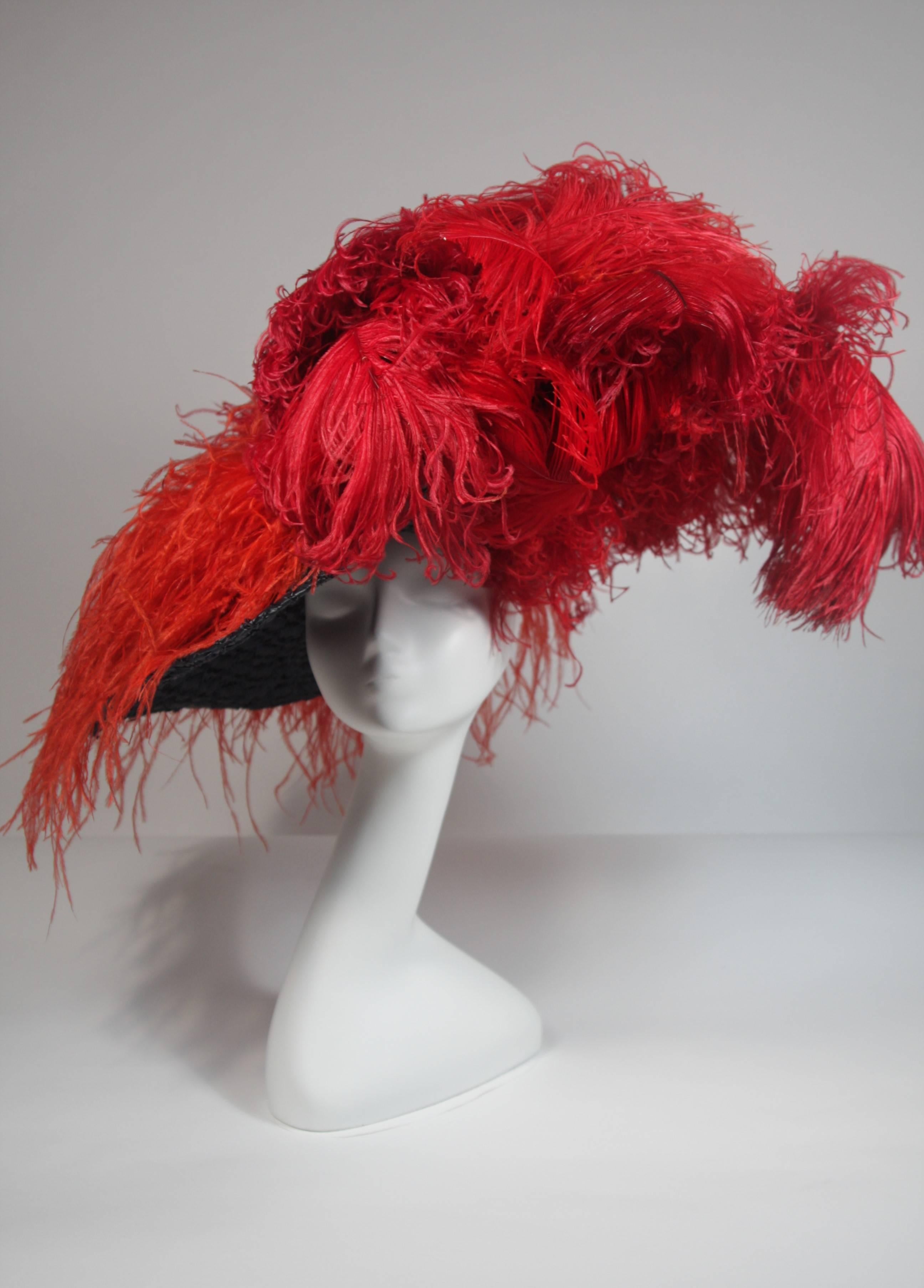 Women's Galanos Navy Rafia Oversized Hat with Red and Orange Ostrich Feathers