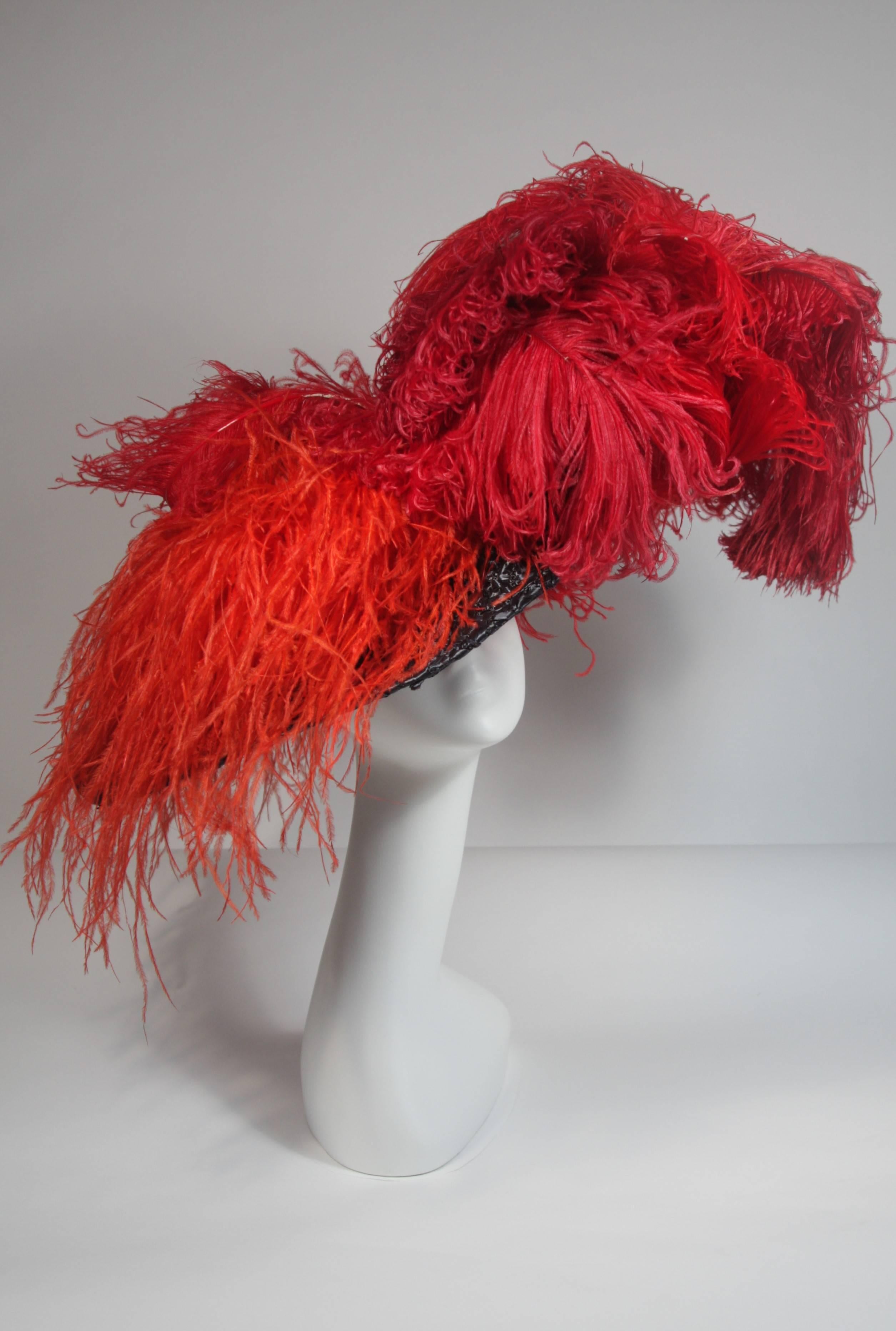 Galanos Navy Rafia Oversized Hat with Red and Orange Ostrich Feathers 1