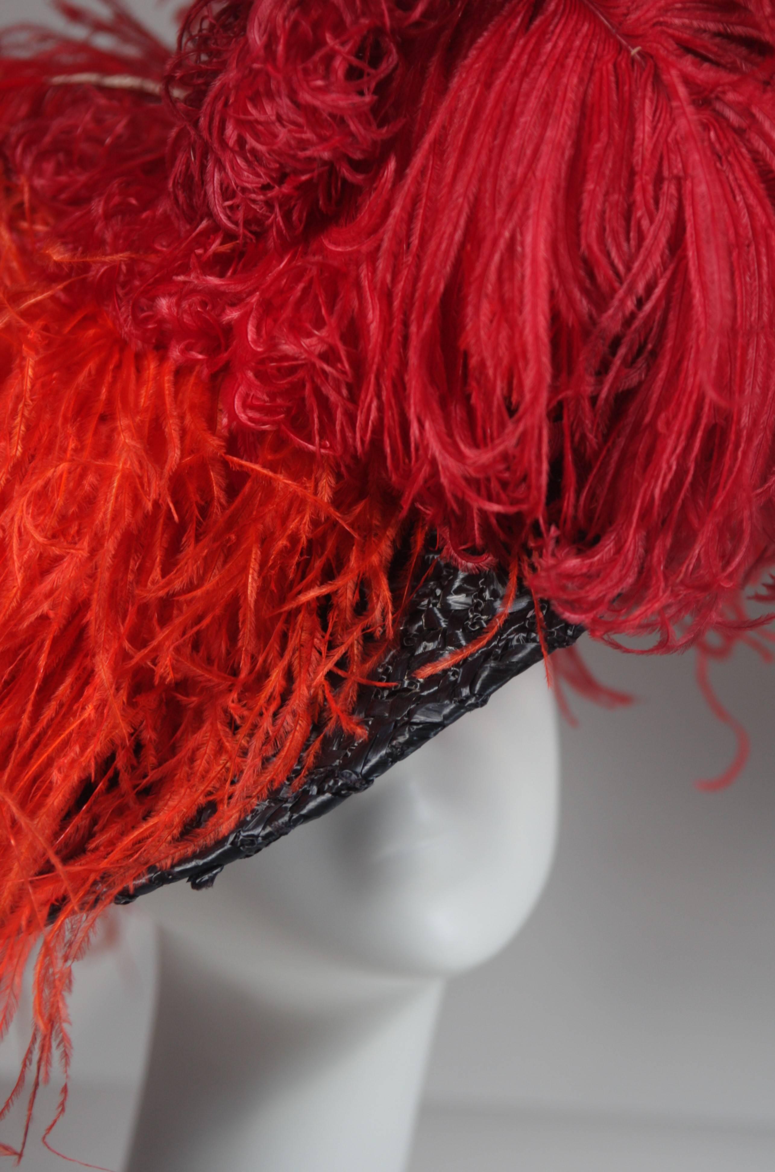 Galanos Navy Rafia Oversized Hat with Red and Orange Ostrich Feathers In Excellent Condition In Los Angeles, CA