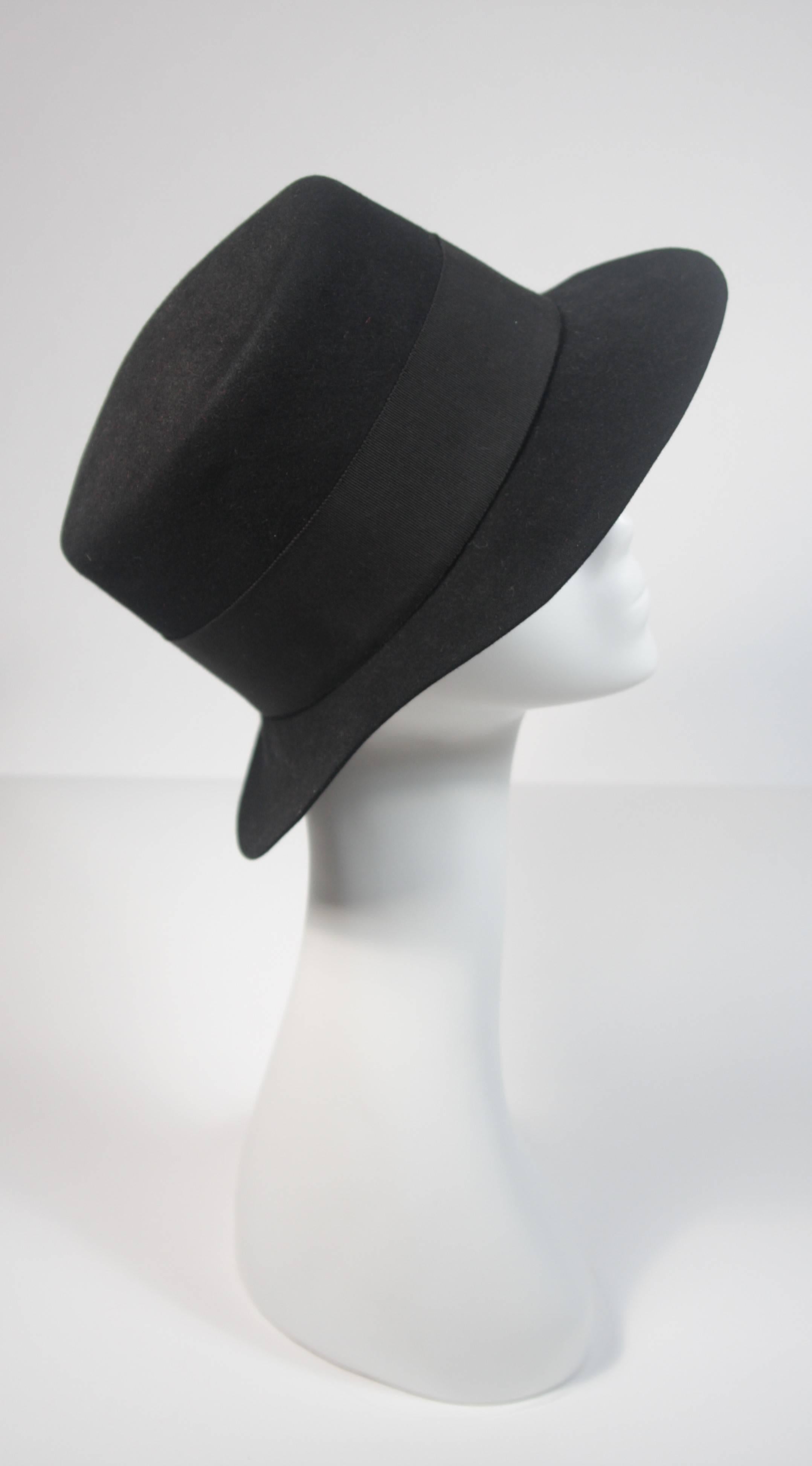 Yves Saint Laurent Rive Gauche 1980's Black Wool Felt Hat with Curved Brim 59 In Excellent Condition In Los Angeles, CA