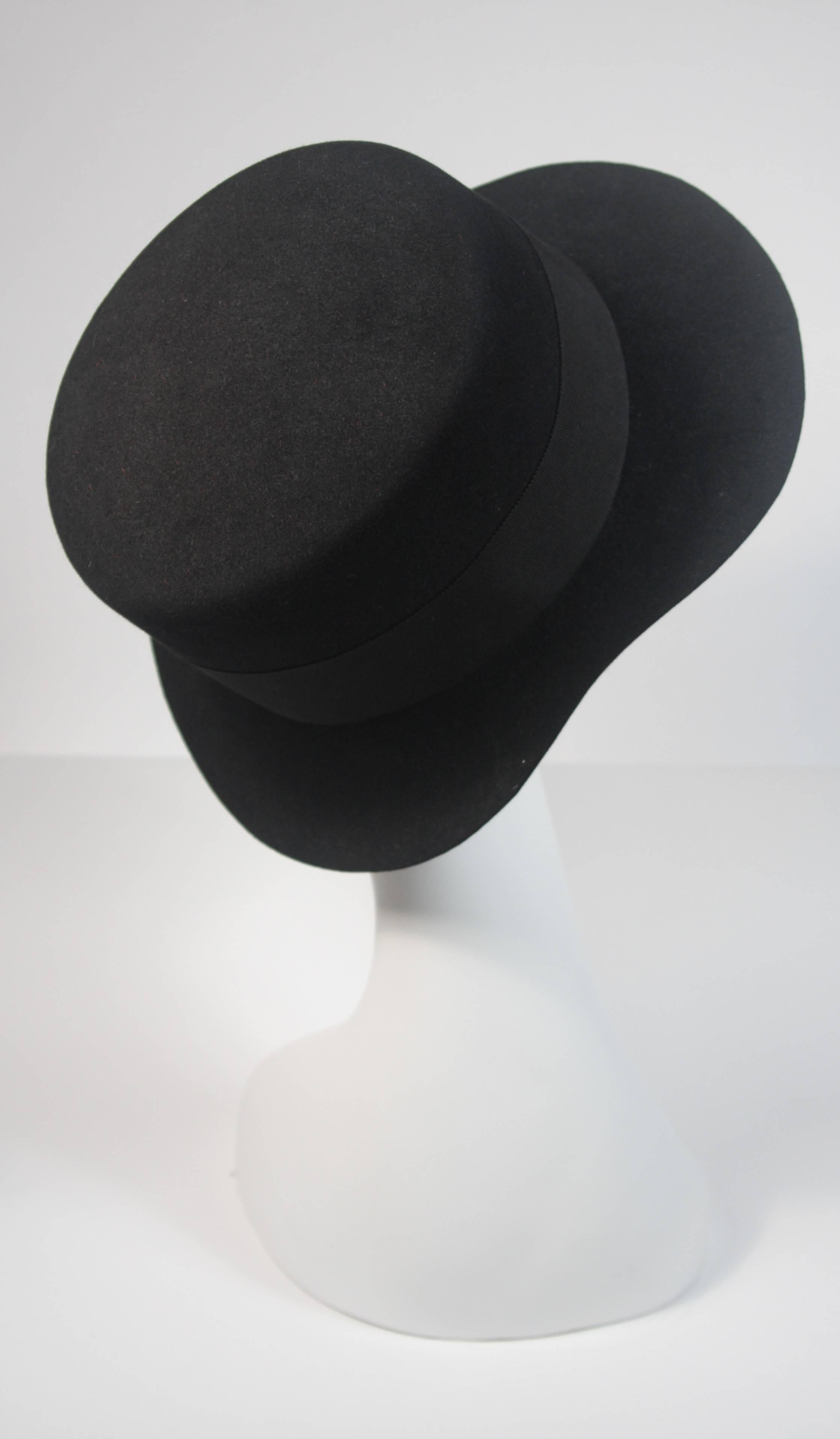 Women's Yves Saint Laurent Rive Gauche 1980's Black Wool Felt Hat with Curved Brim 59