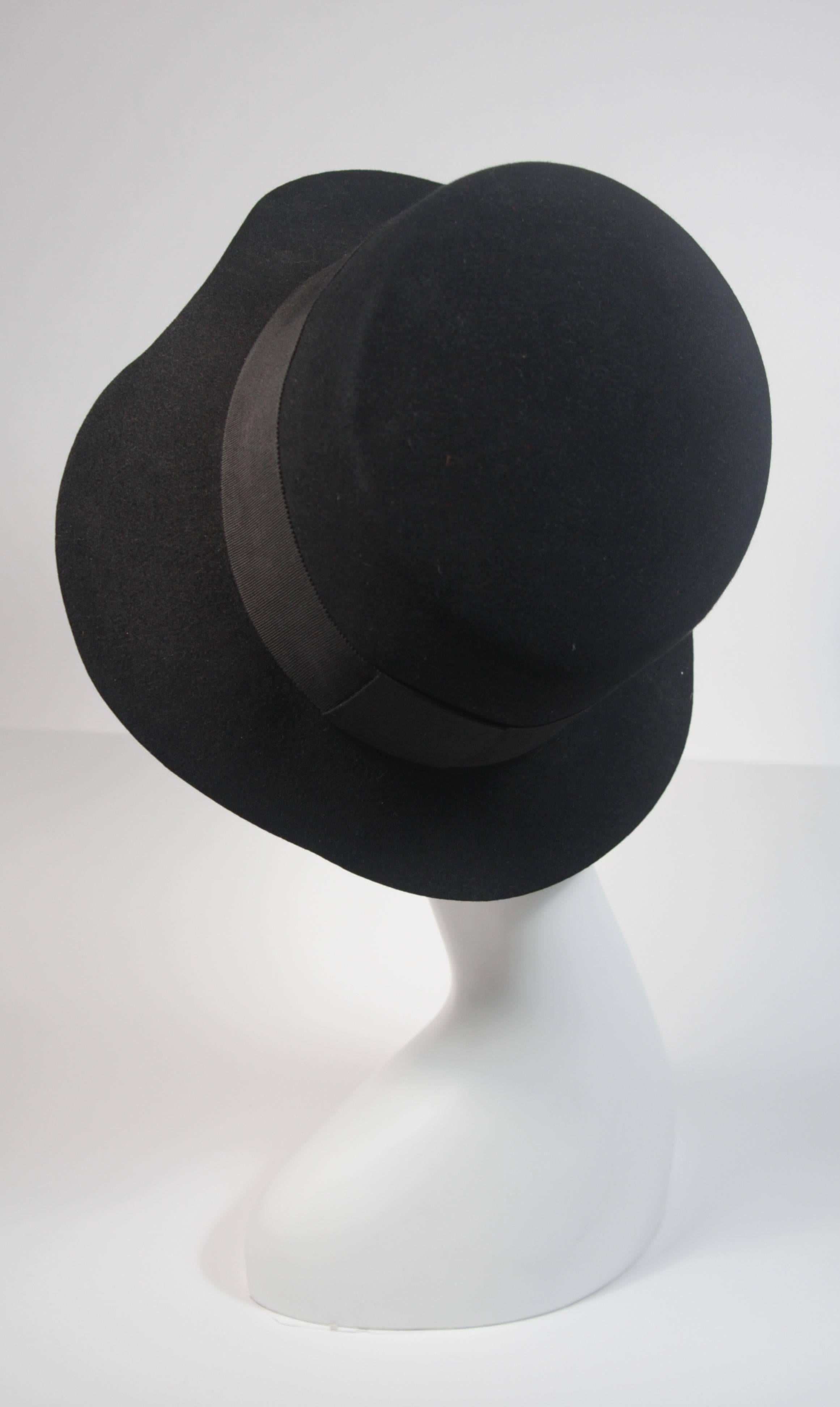 Yves Saint Laurent Rive Gauche 1980's Black Wool Felt Hat with Curved Brim 59 1