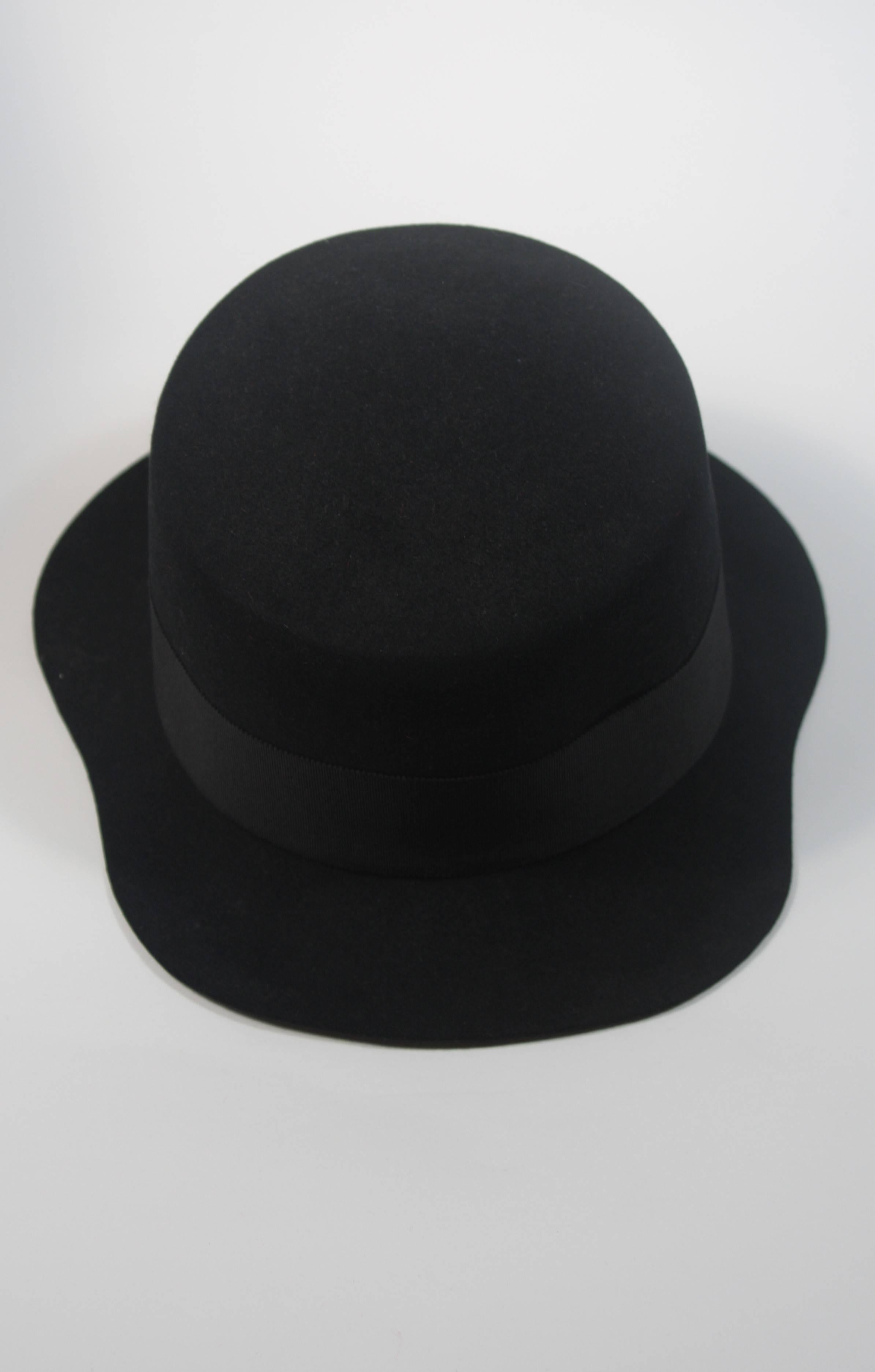Yves Saint Laurent Rive Gauche 1980's Black Wool Felt Hat with Curved Brim 59 3