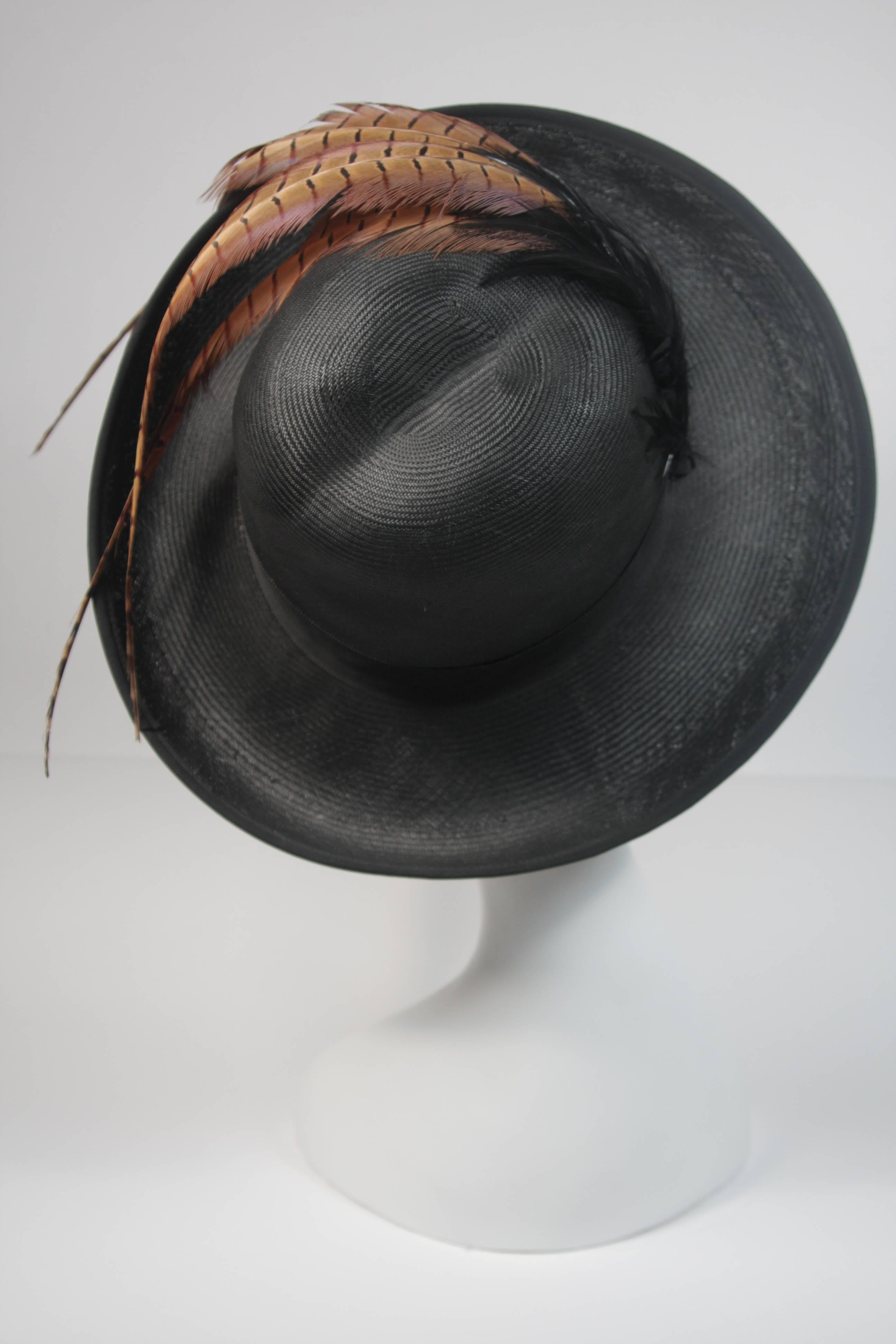 Women's Mr. Charles Black Woven Hat with Multi-Color Feathers For Sale