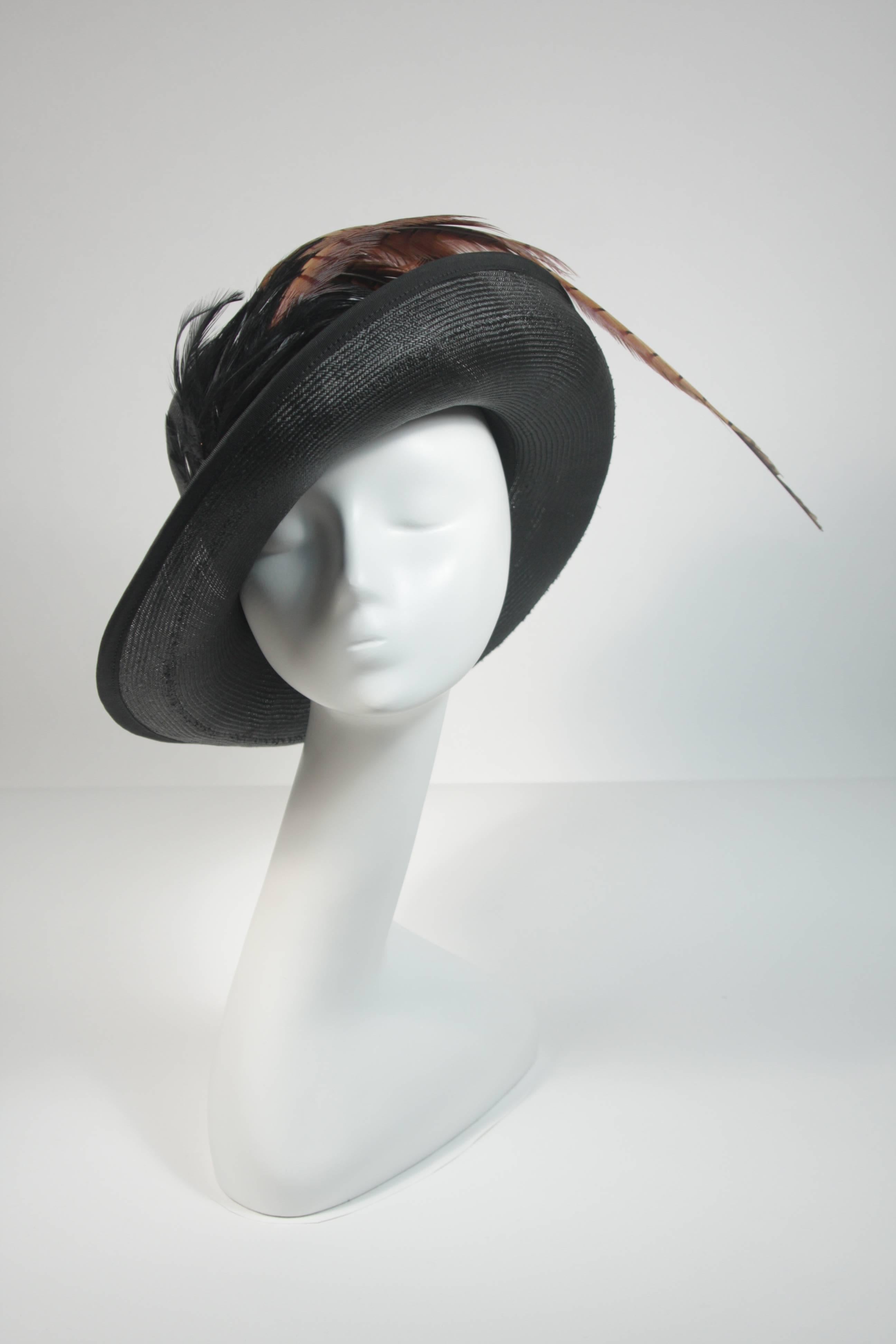 Mr. Charles Black Woven Hat with Multi-Color Feathers In Excellent Condition For Sale In Los Angeles, CA