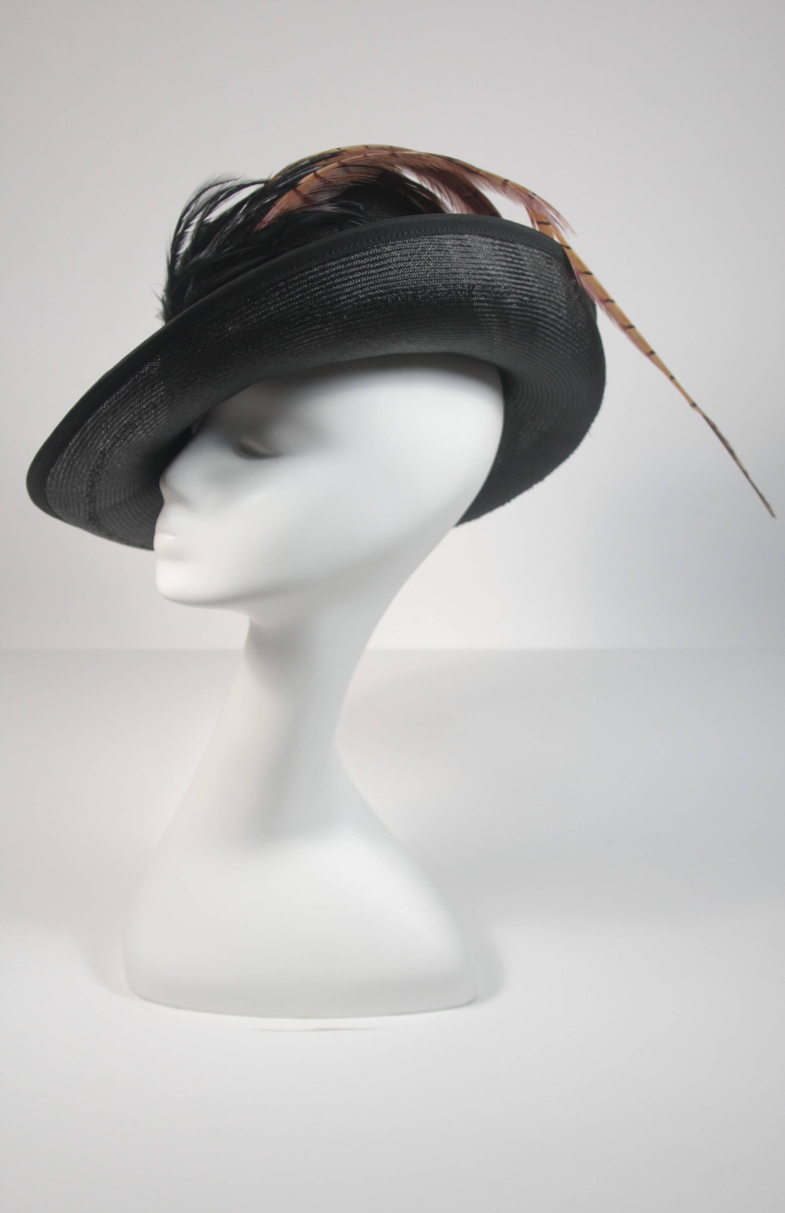 Gray Mr. Charles Black Woven Hat with Multi-Color Feathers For Sale
