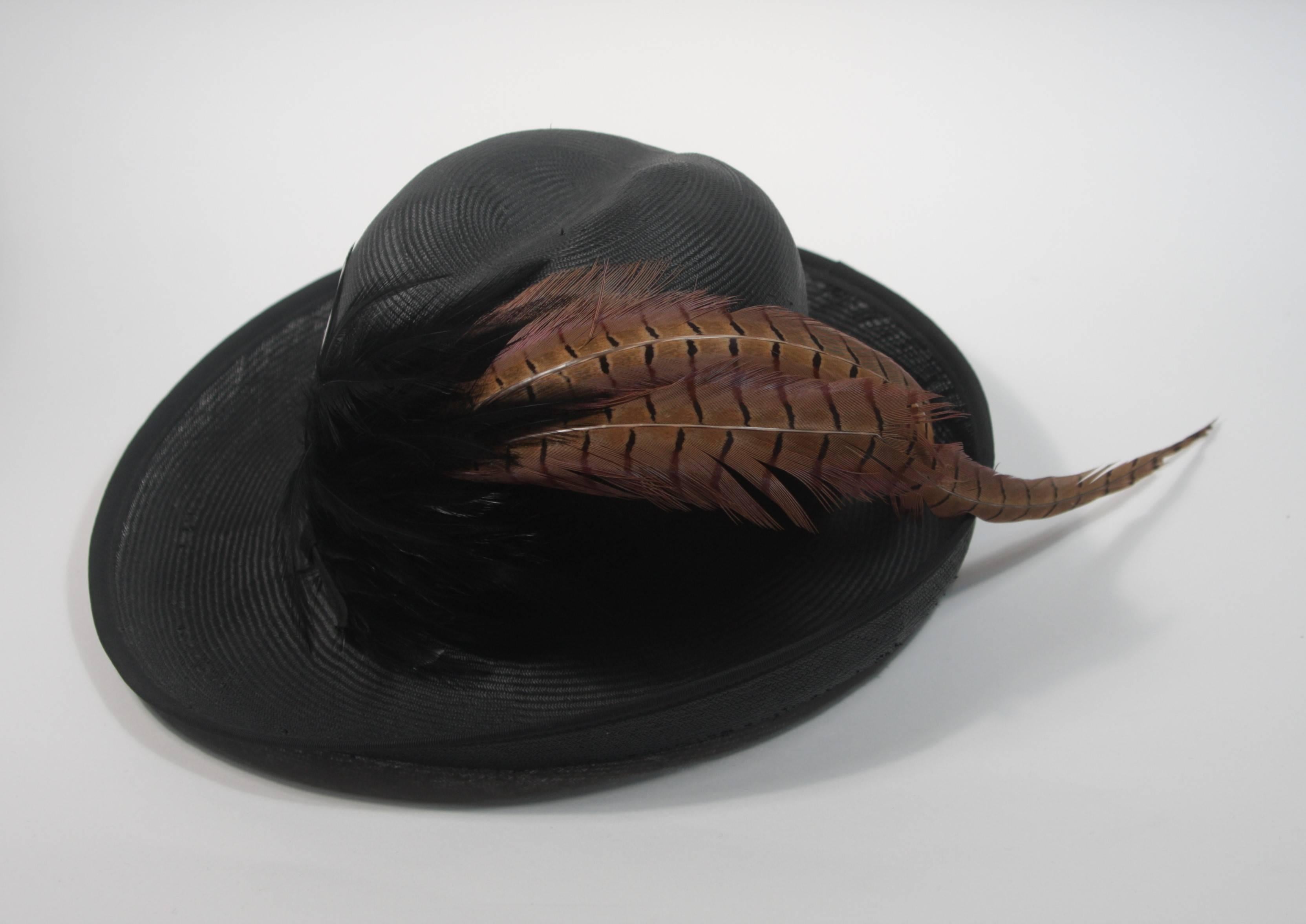Mr. Charles Black Woven Hat with Multi-Color Feathers For Sale 1