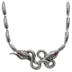Italian Art Nouveau-Inspired Double Snake Sterling Silver Statement Necklace