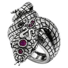 Italian Art Nouveau Style Natural Ruby Snake Sterling Silver Statement Ring