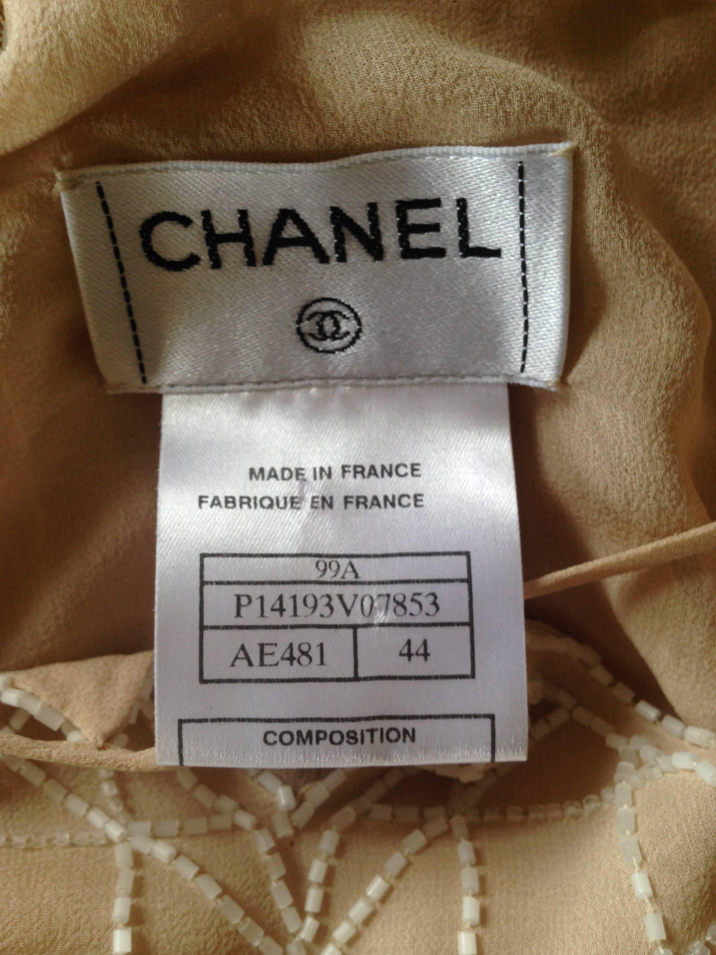 Chanel 99A Lesage White Beaded Beige Silk Blouse with Triangular Cut-outs FR44 For Sale 5