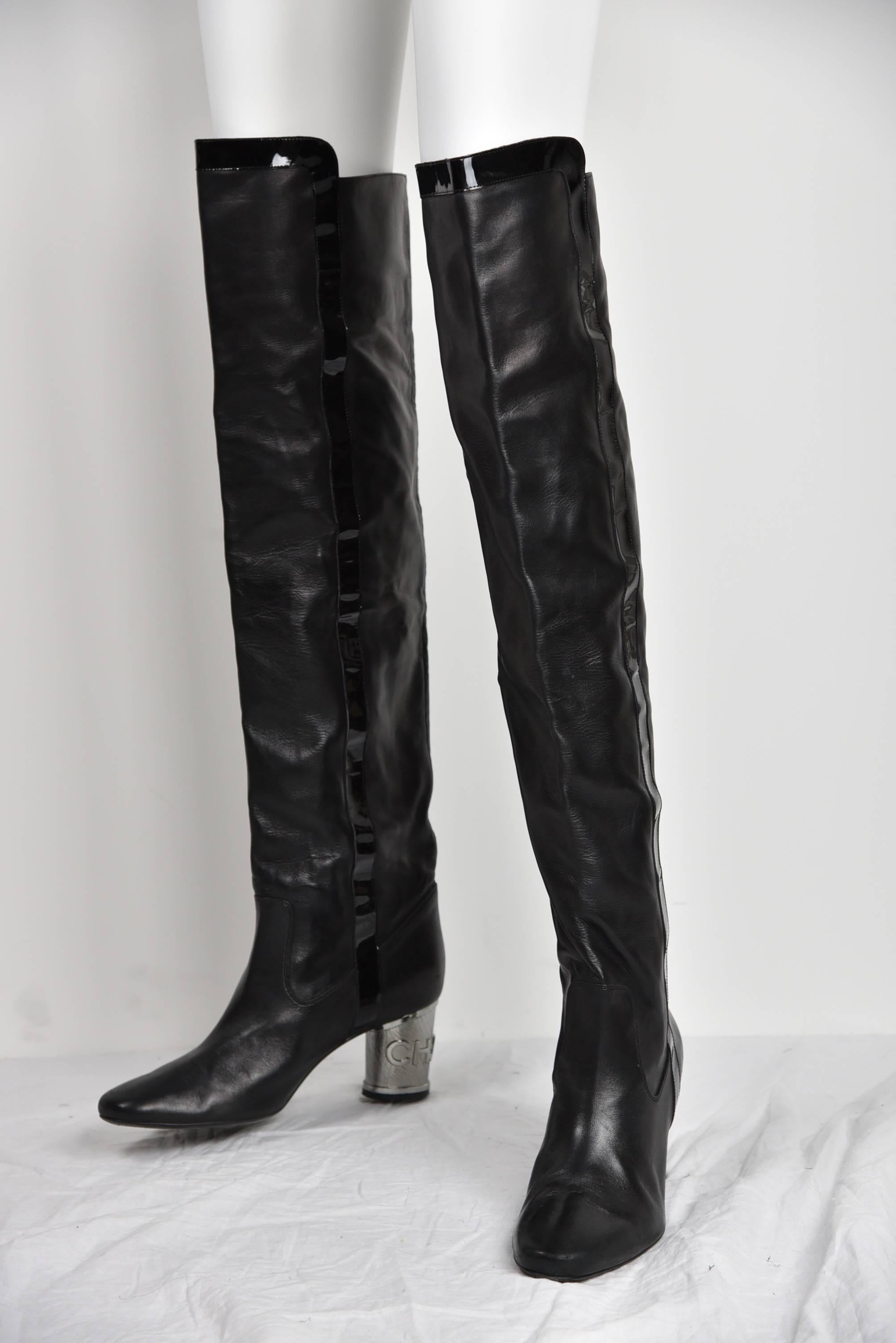 Chanel Circa 2000 Black Over the Knee Height Boots with Silver Chanel Heels FR41 For Sale 1