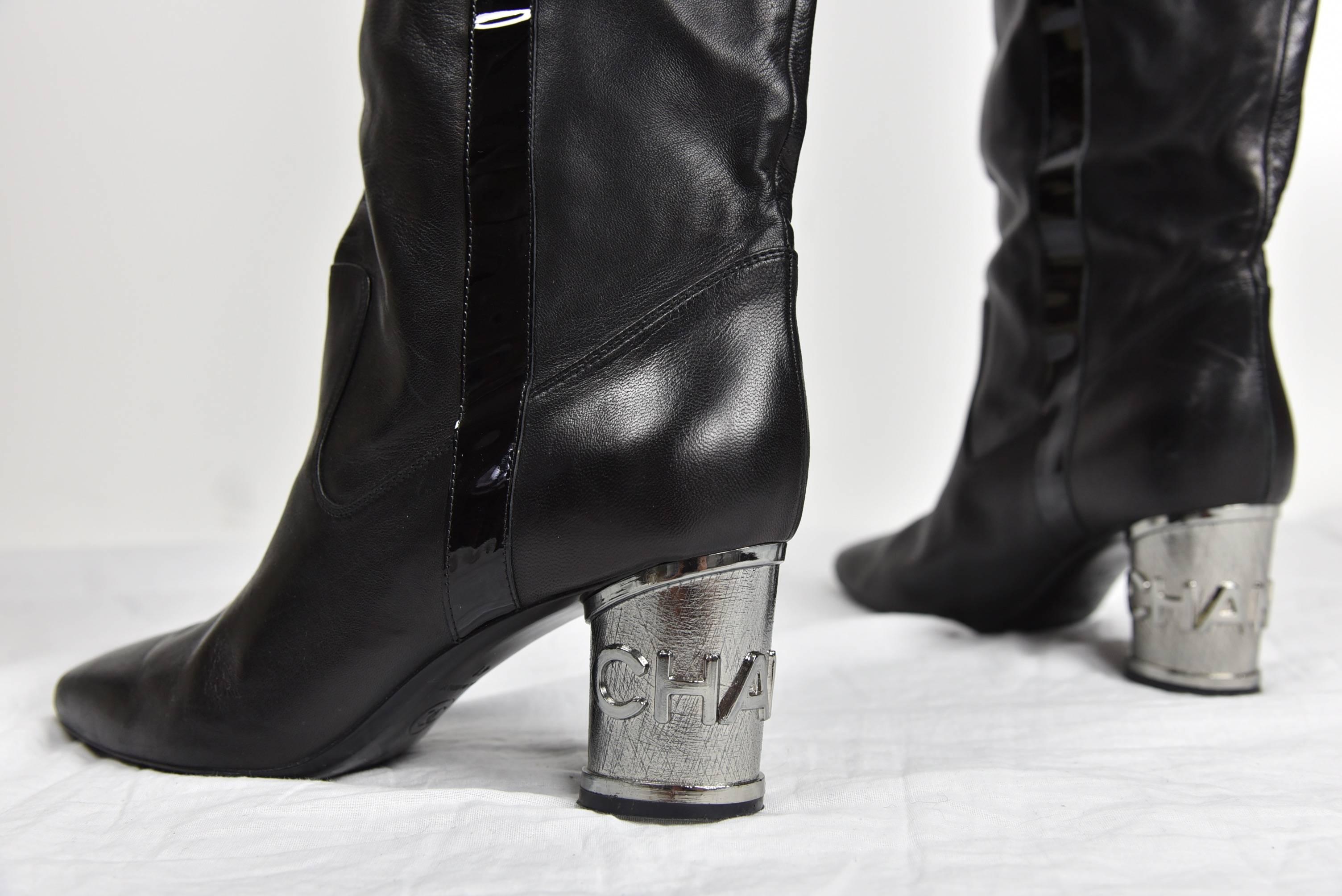 Women's Chanel Circa 2000 Black Over the Knee Height Boots with Silver Chanel Heels FR41 For Sale