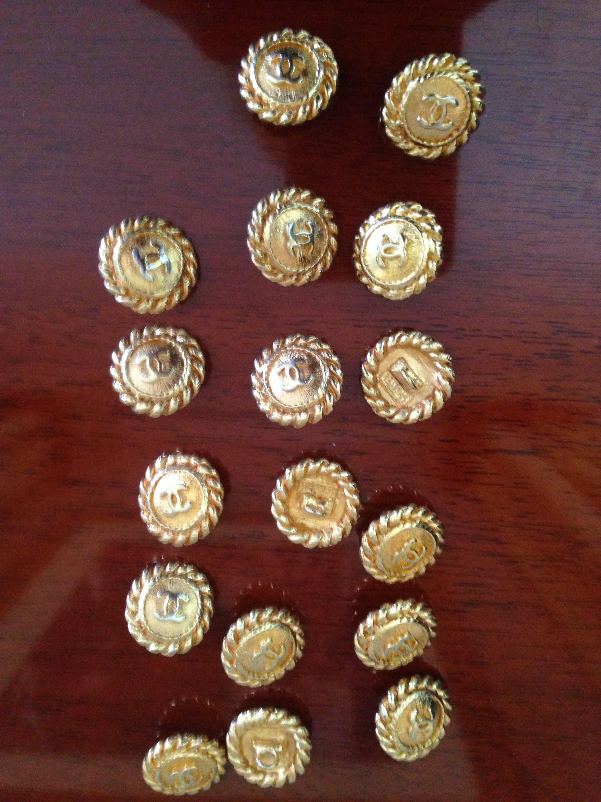 Brown 1980's  Seventeen Vintage Chanel Gilt Rope and Sunburst Design Buttons For Sale