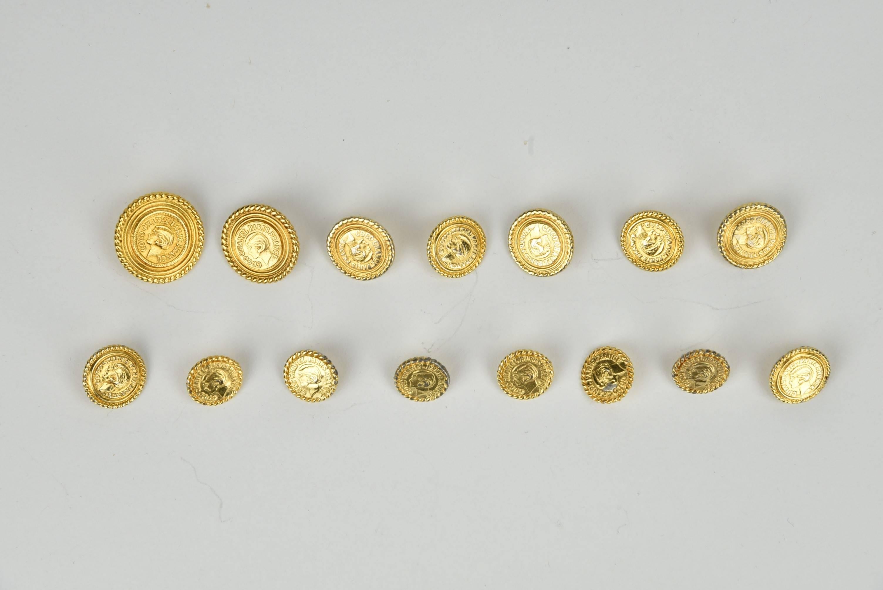 These buttons are the most single iconic symbol of Chanel. In the early 1980's many garments carried these most famous ever gold buttons with a profile of Coco Chanel and the inscription "Coco Chanel Paris France".
There are:  (1)