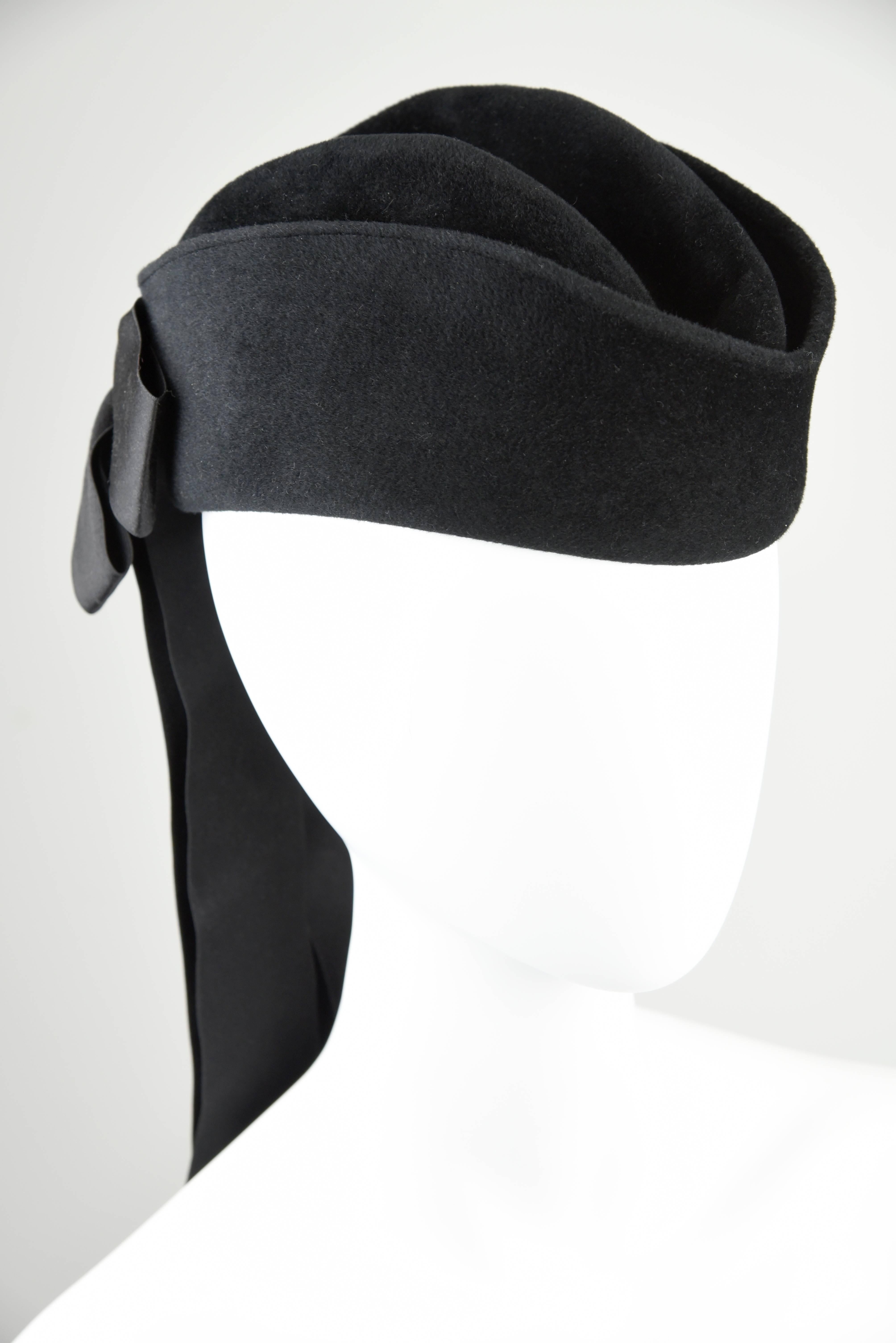 Women's 1988A Black Felt Hat With Double Black Satin Bow and Ribbons, Size 58 For Sale