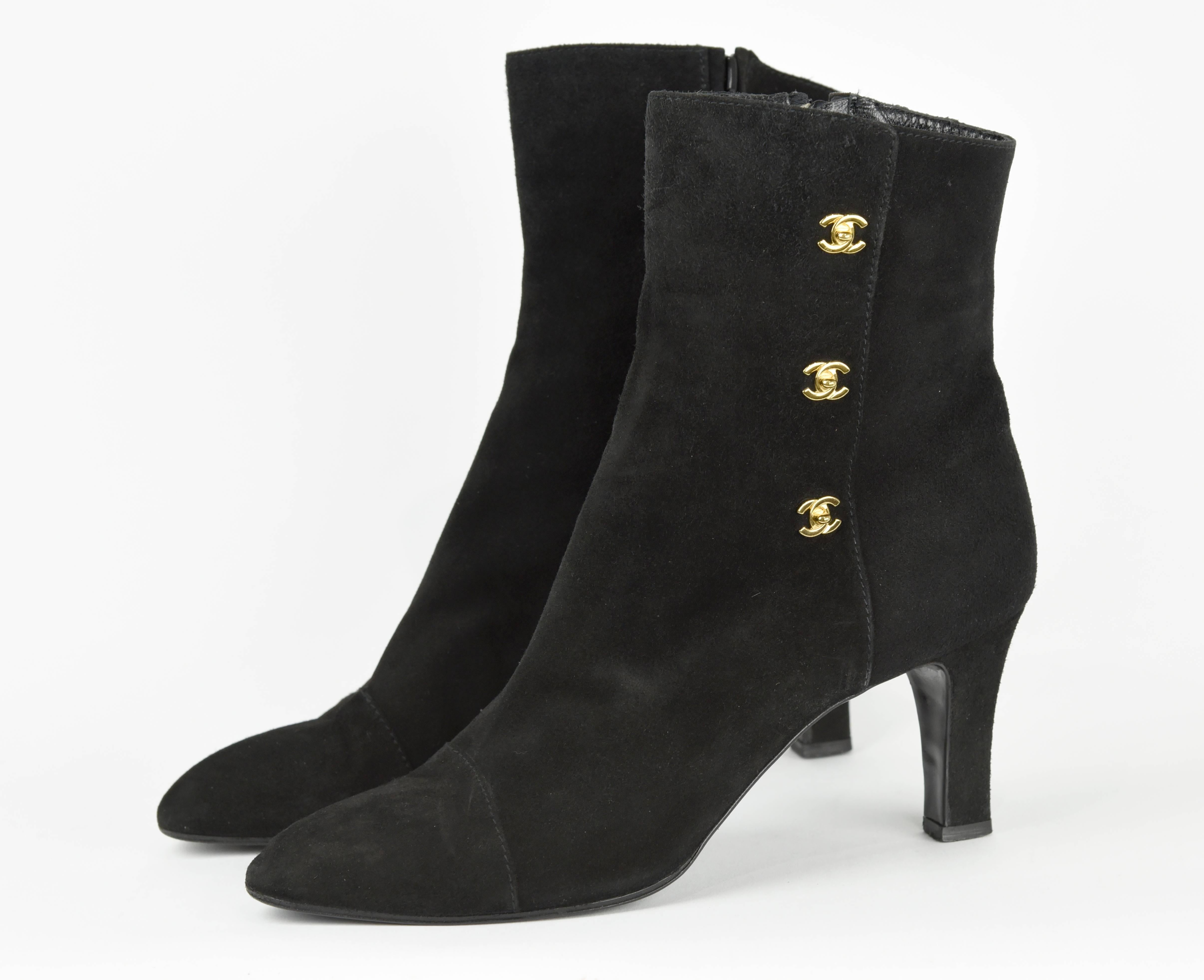 These are Chanel elegant suede ankle boots in unusually beautiful condition.  No signs of wear except slightly on bottom of sole.  They have side zipper and 3" heels