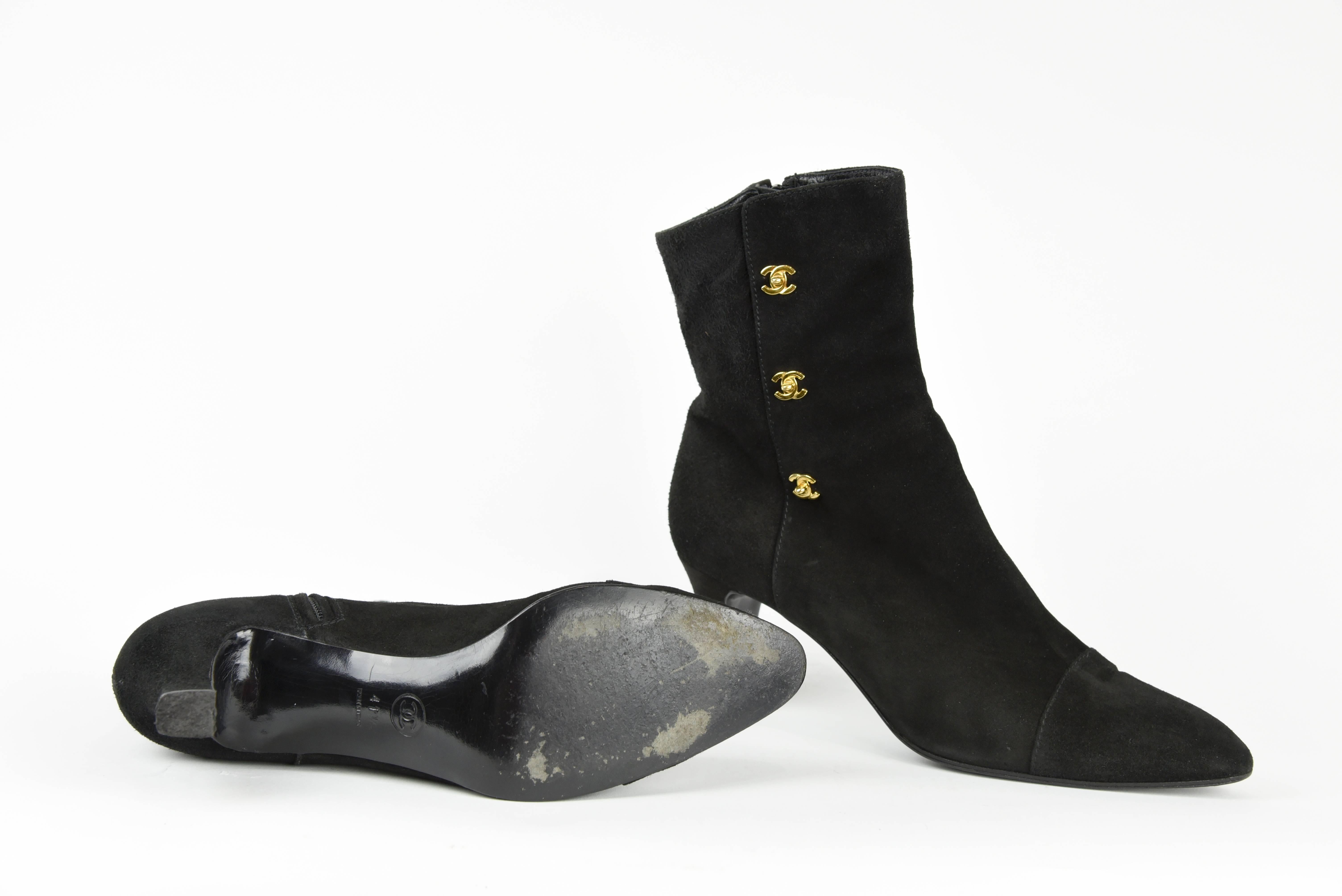 Chanel 1990s Black Suede Ankle Boots with 3 Gold 