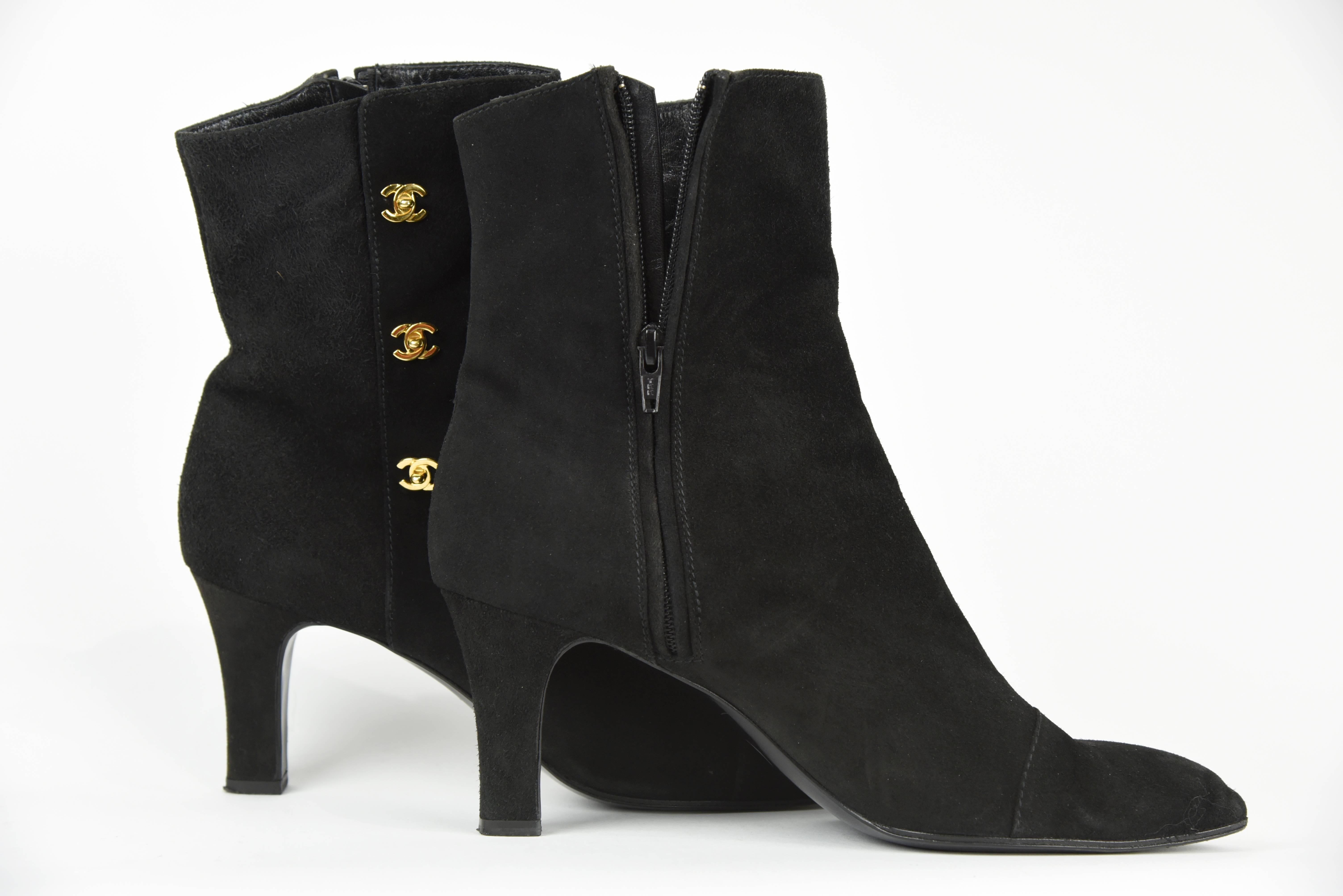 Women's Chanel 1990s Black Suede Ankle Boots with 3 Gold 