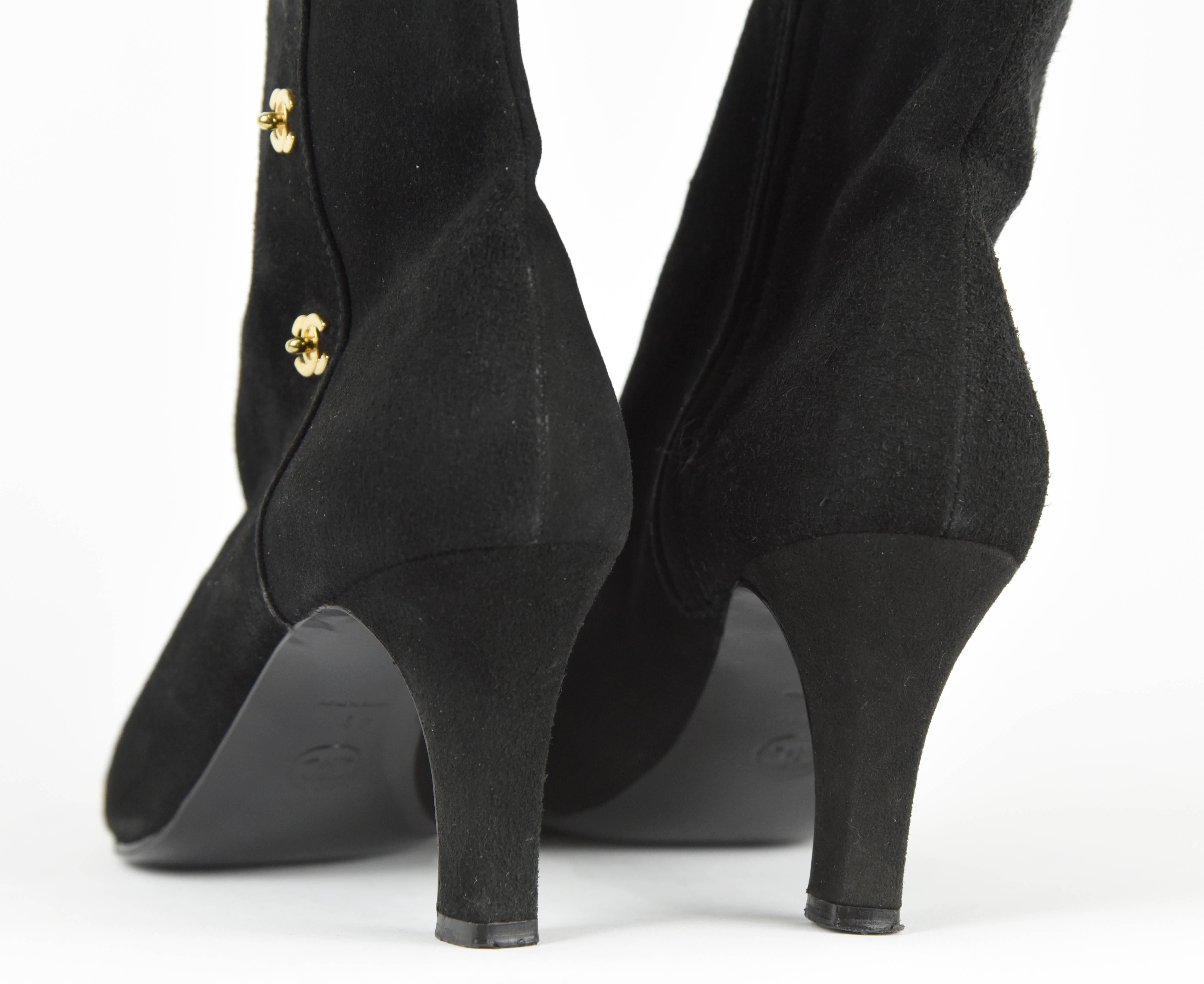 Chanel 1990s Black Suede Ankle Boots with 3 Gold 