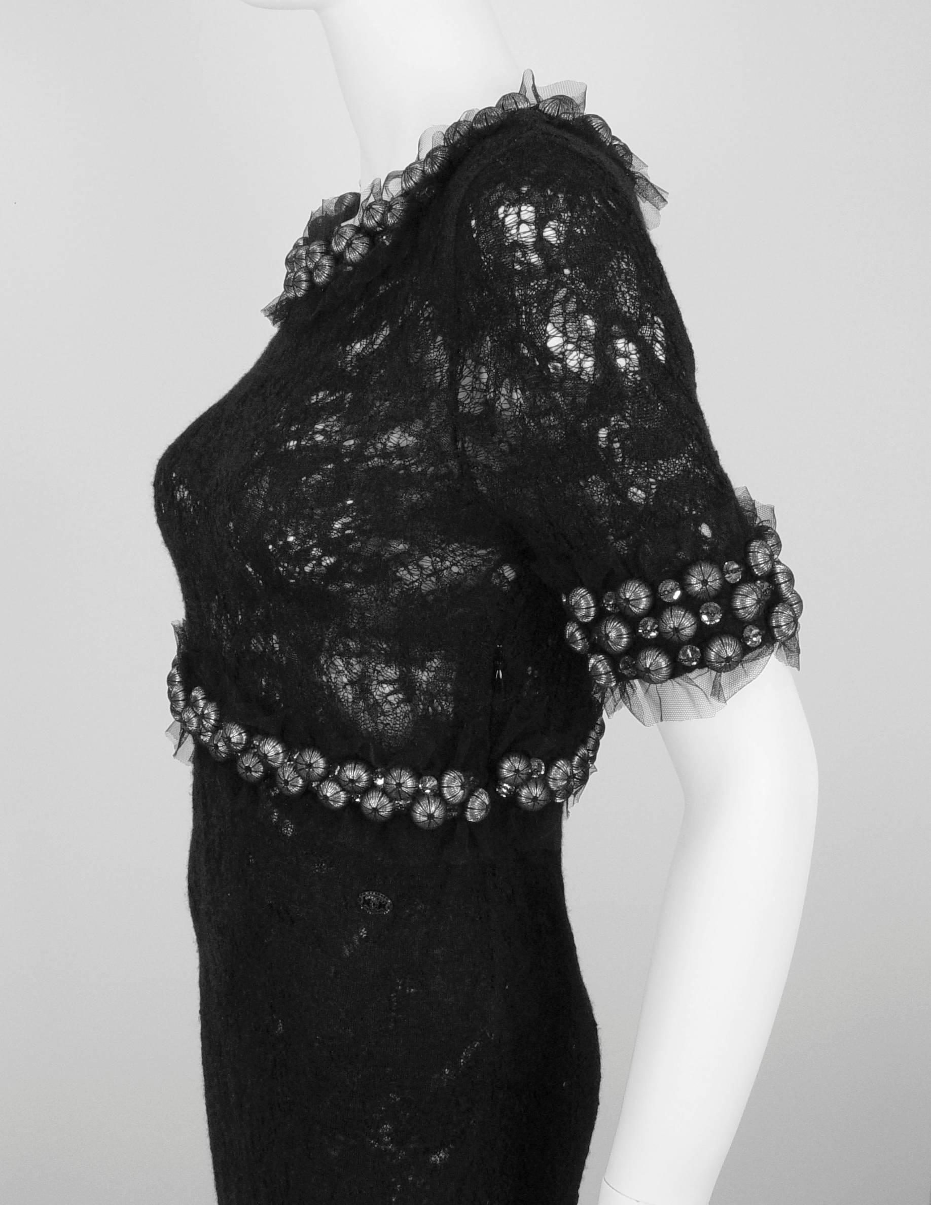 Chanel 2007A Demi Couture Black Lace Evening Gown with Large Rhinestones  For Sale 1