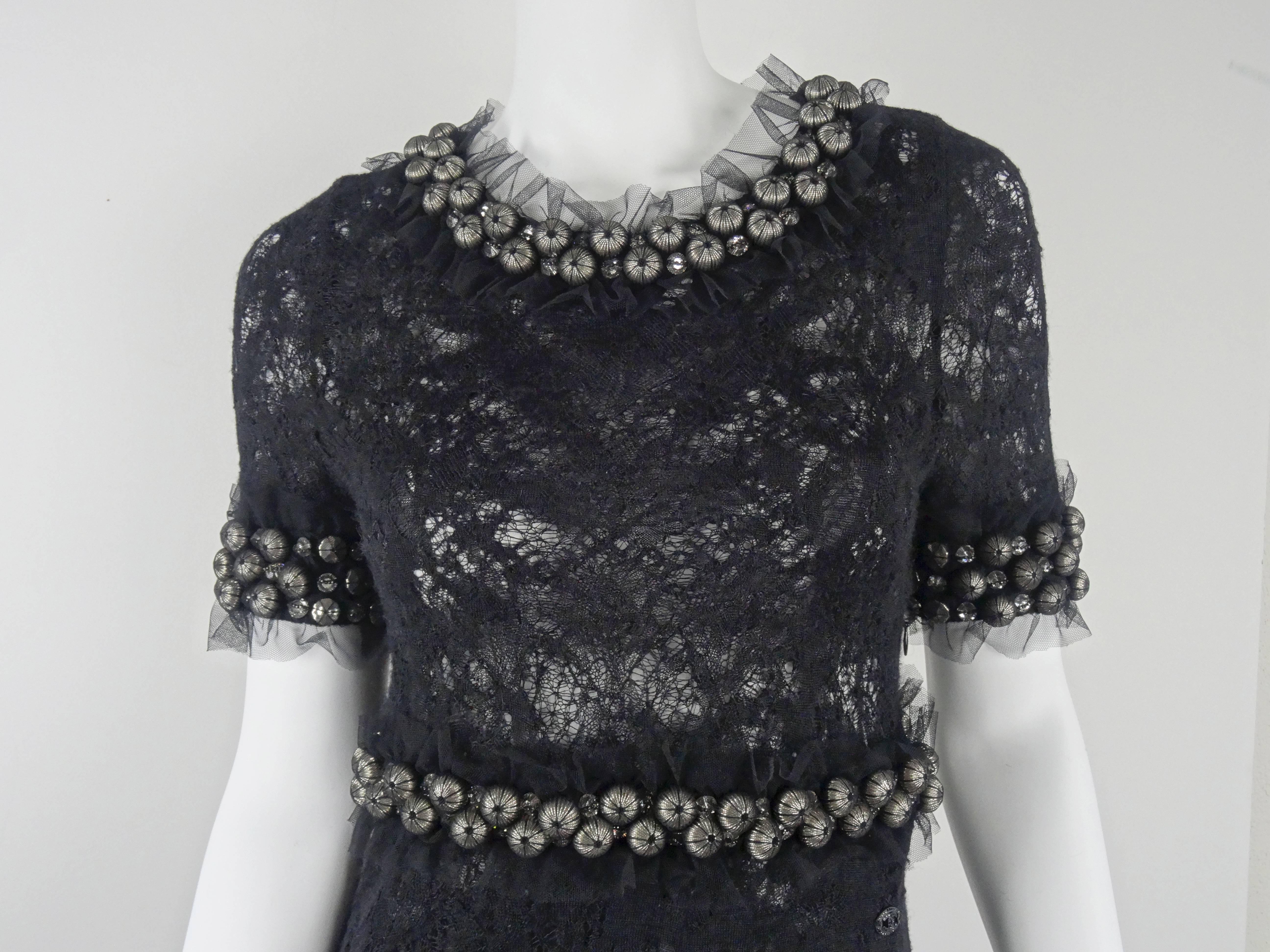 Chanel 2007A Demi Couture Black Lace Evening Gown with Large Rhinestones  For Sale 2