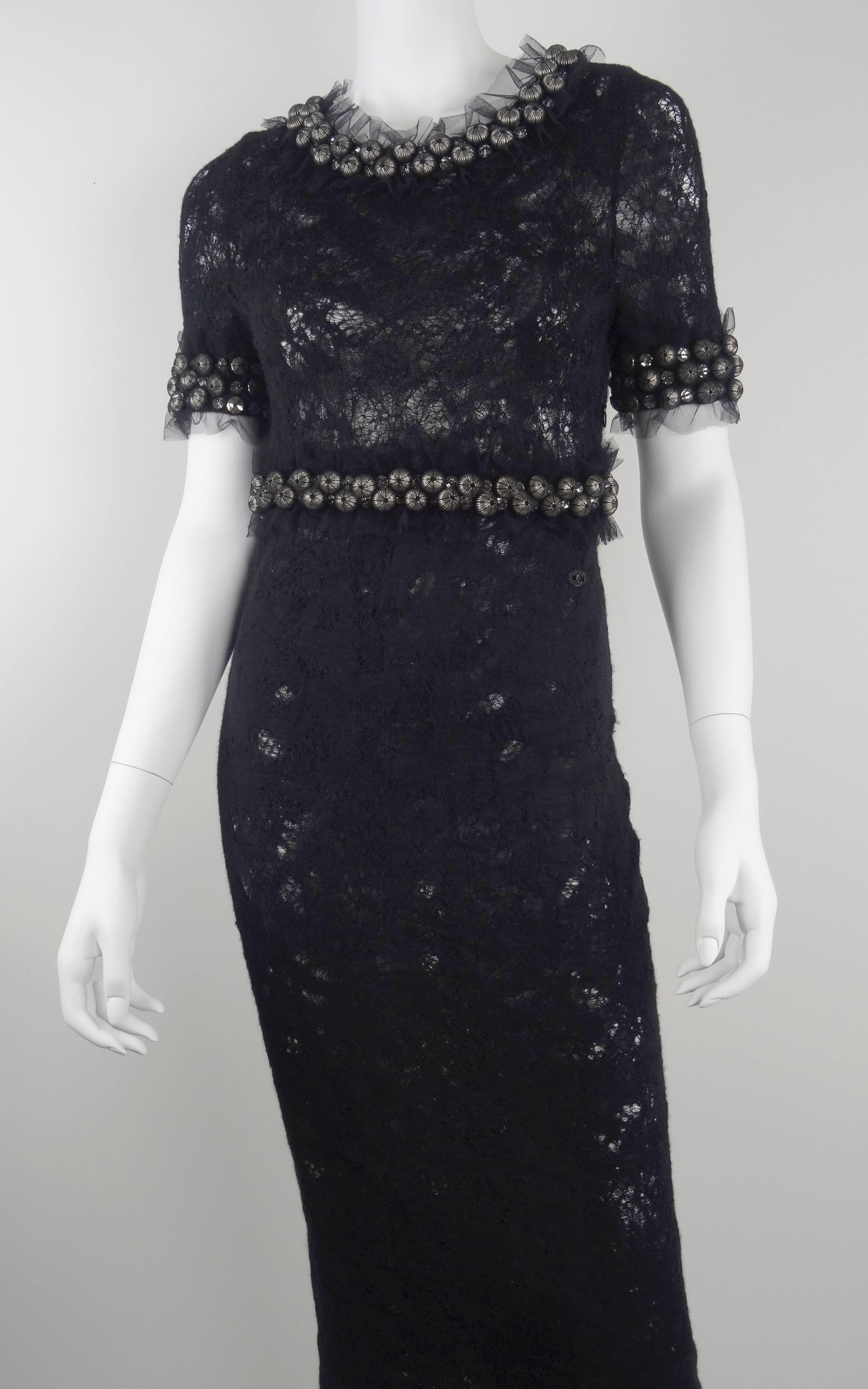 Chanel 2007A Demi Couture Black Lace Evening Gown with Large Rhinestones  For Sale 4