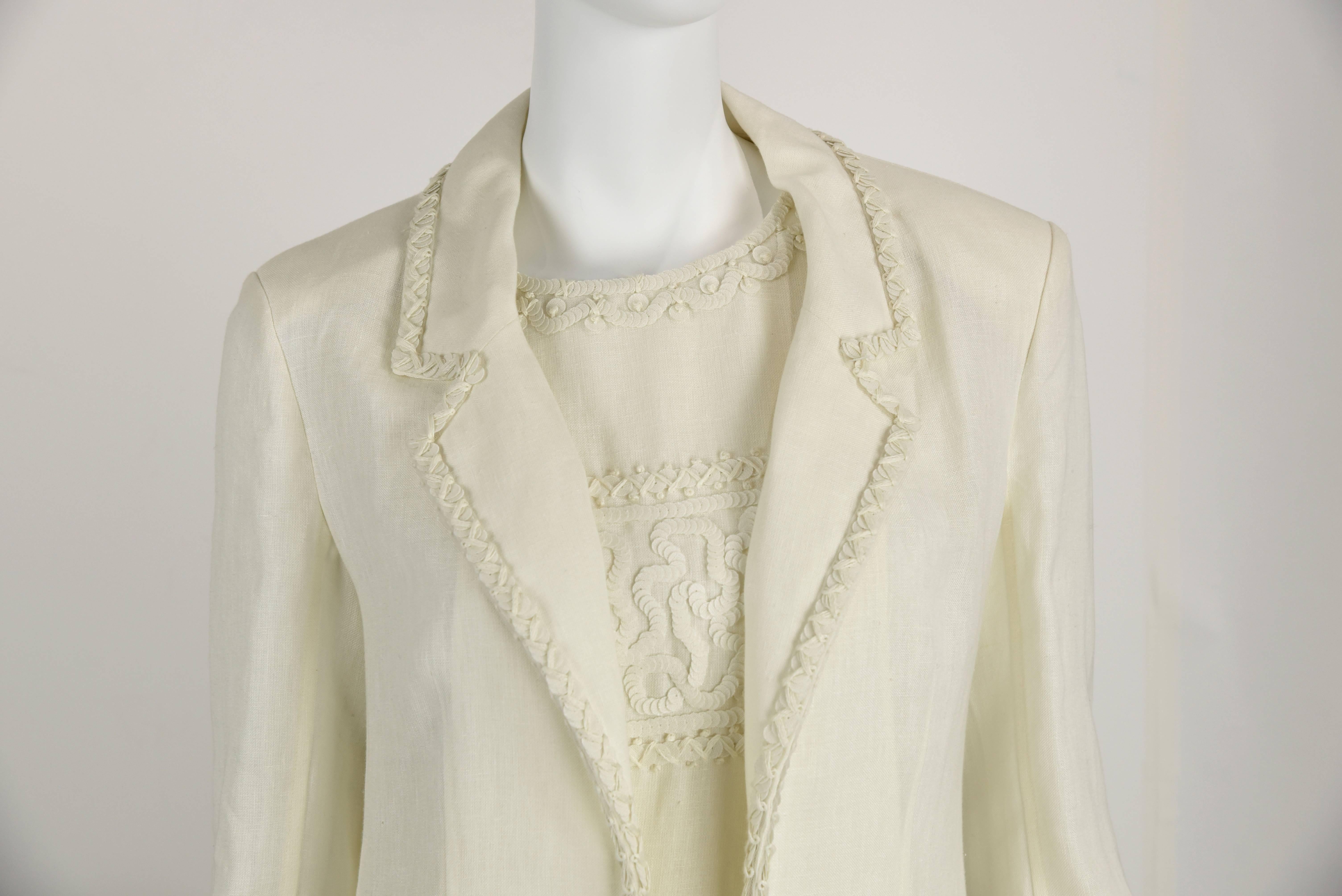 Chanel Boutique 98P Demi Couture Lesage White Linen Sequins Long Jacket & Dress For Sale 2