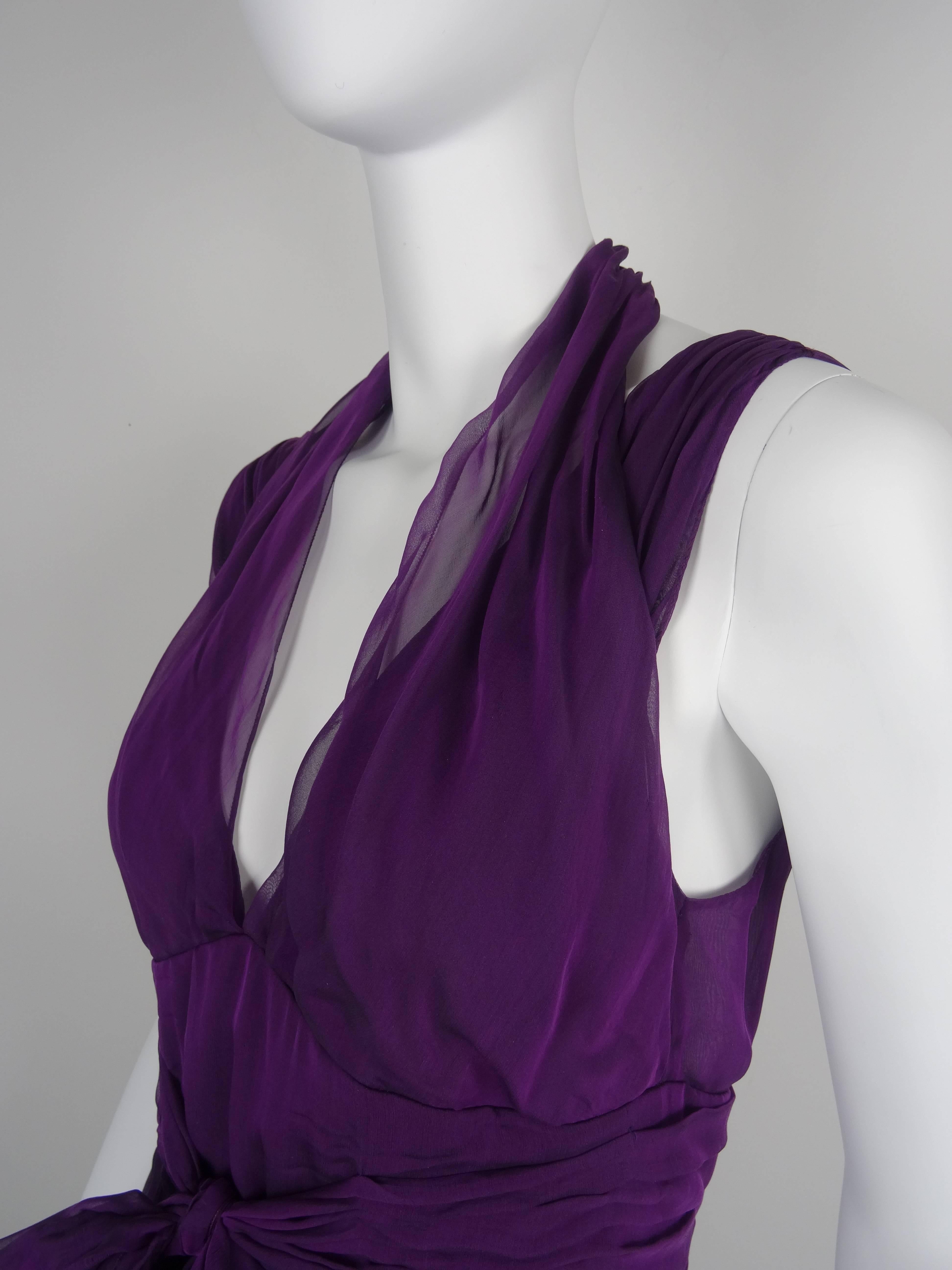 Chanel Boutique 1995A Violet Silk Mousseline Evening Gown with Ruched Midriff  In New Condition For Sale In Portland, OR