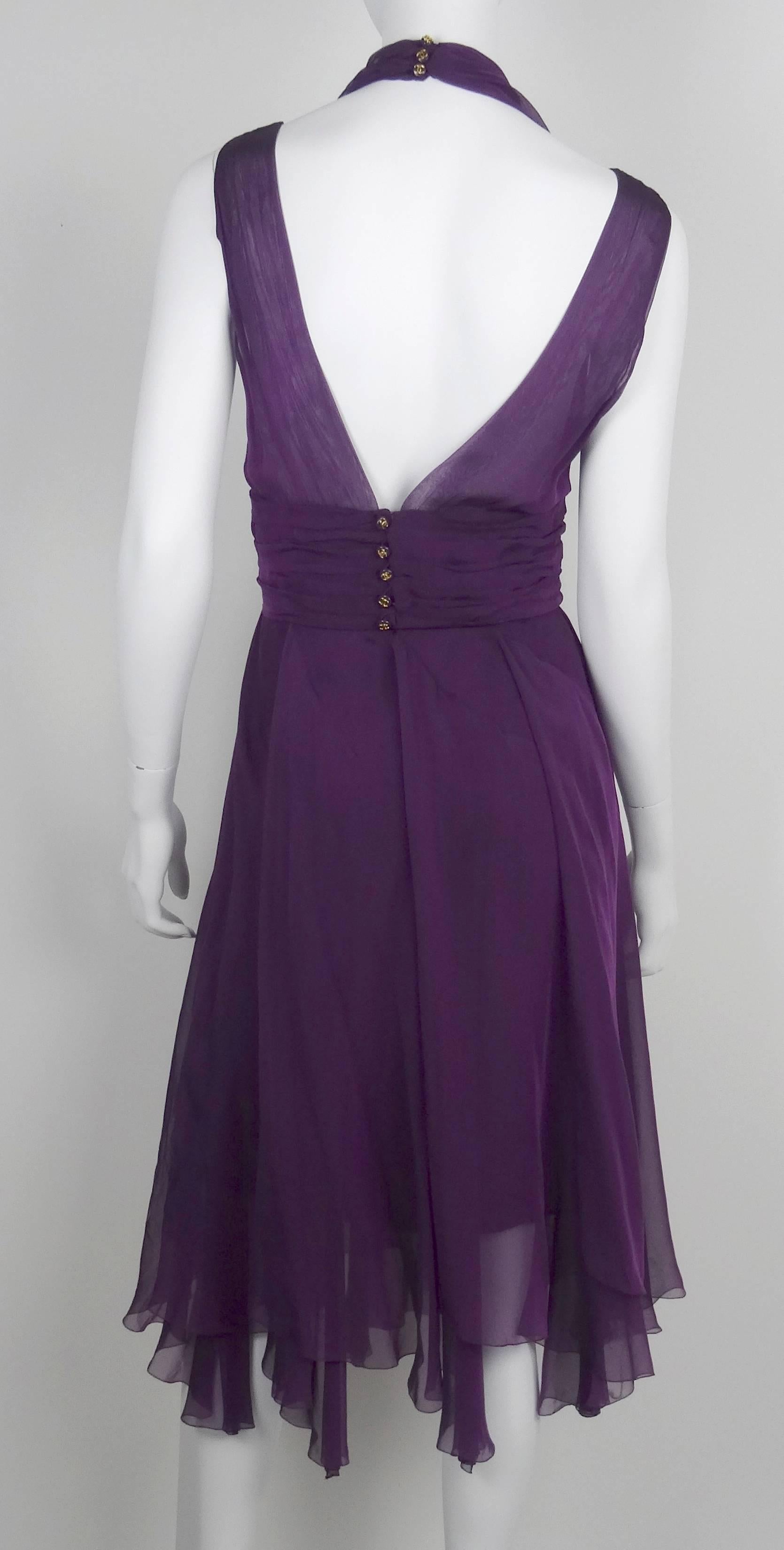 Black Chanel Boutique 1995A Violet Silk Mousseline Evening Gown with Ruched Midriff  For Sale