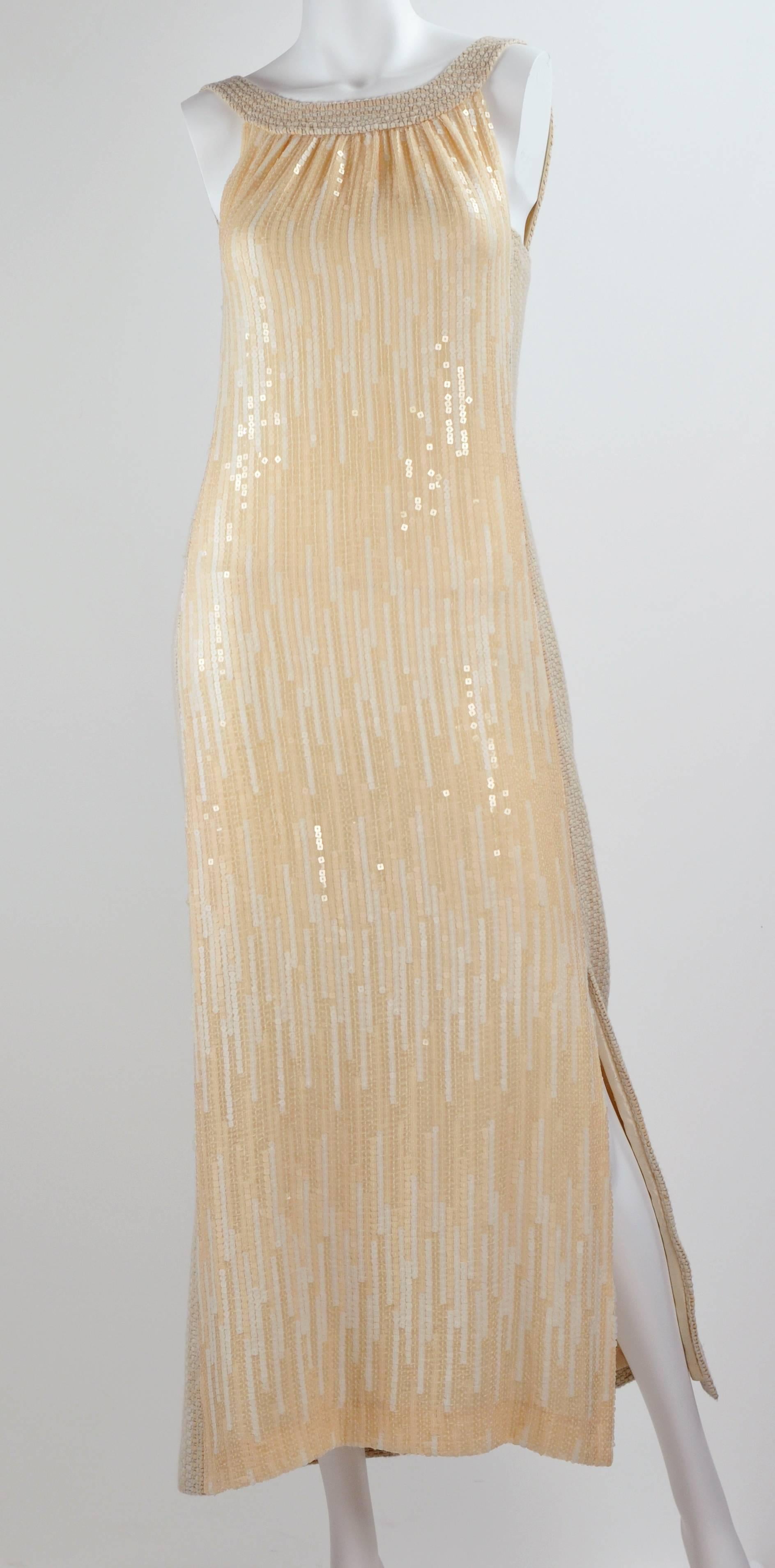 Brown Chanel 2001A Demi Couture Ecru Wool & Sequin Full Length Evening Coat/ Dress FR3 For Sale