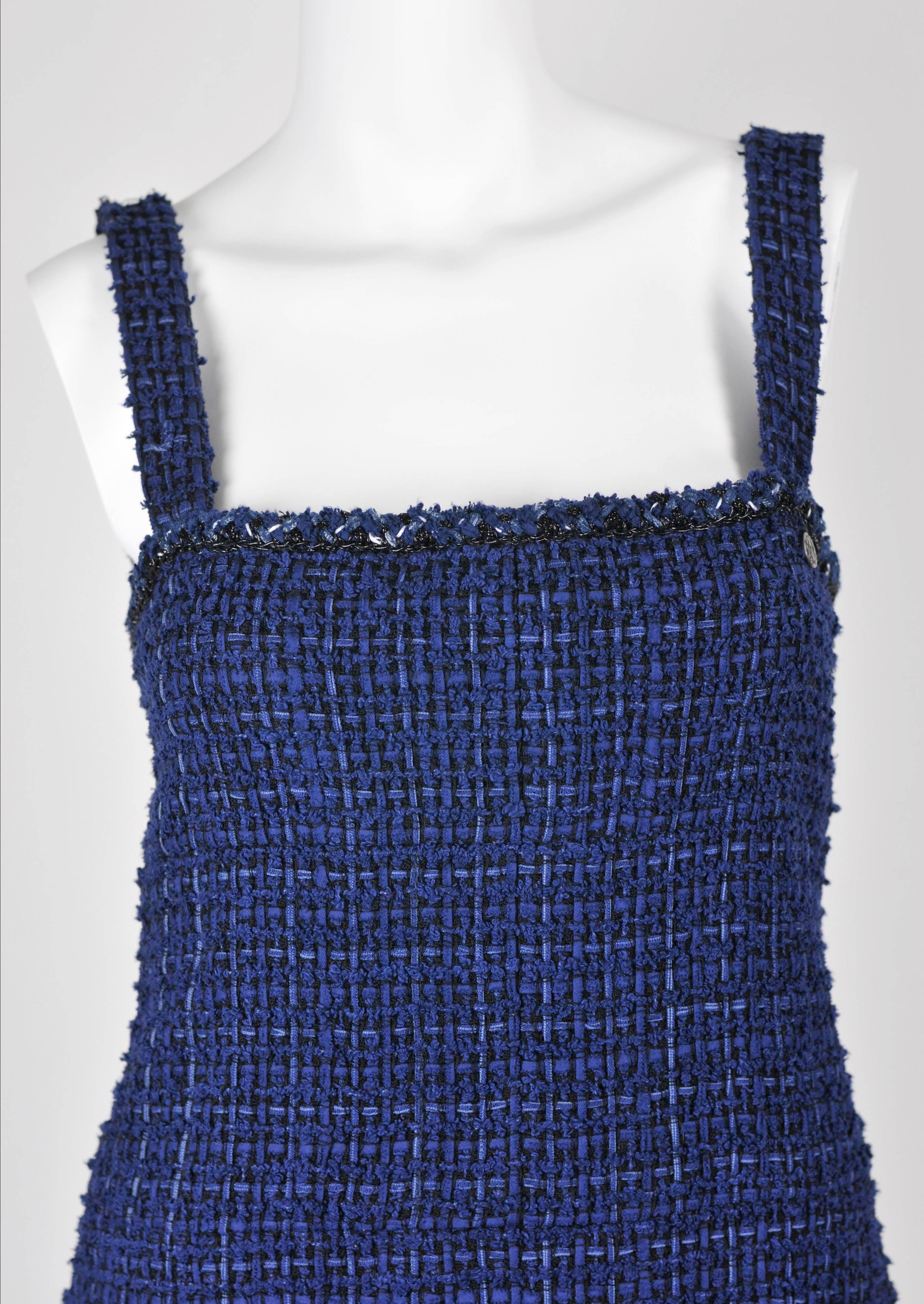 Chanel 2014 Blue and Black Fantasy Tweed Boucle Dress With Shoulder Straps FR 38 2