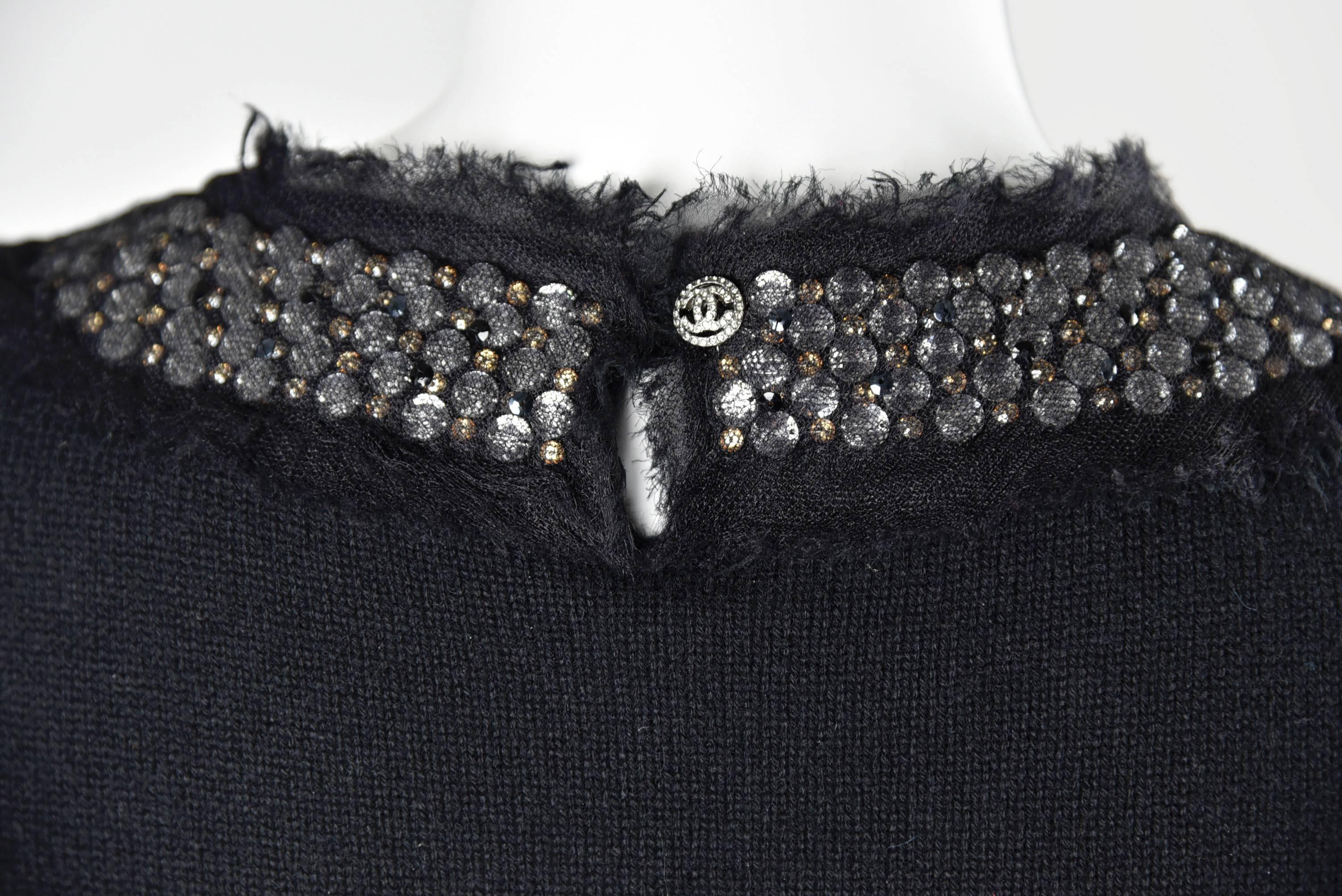 Chanel 1994 Black Cashmere Sweater with Large Elaborate Rhinestones in Mesh FR40 For Sale 3