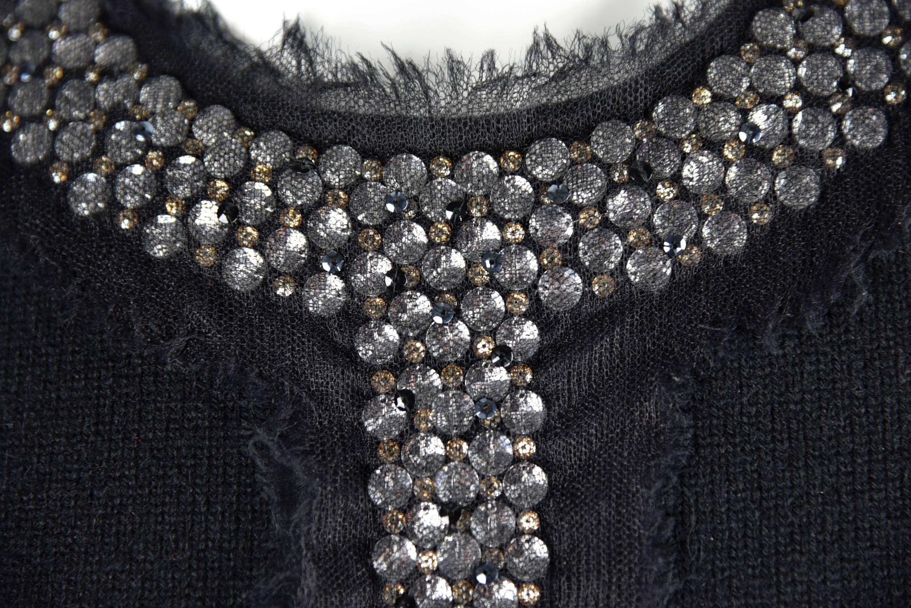 Chanel 1994 Black Cashmere Sweater with Large Elaborate Rhinestones in Mesh FR40 For Sale 4