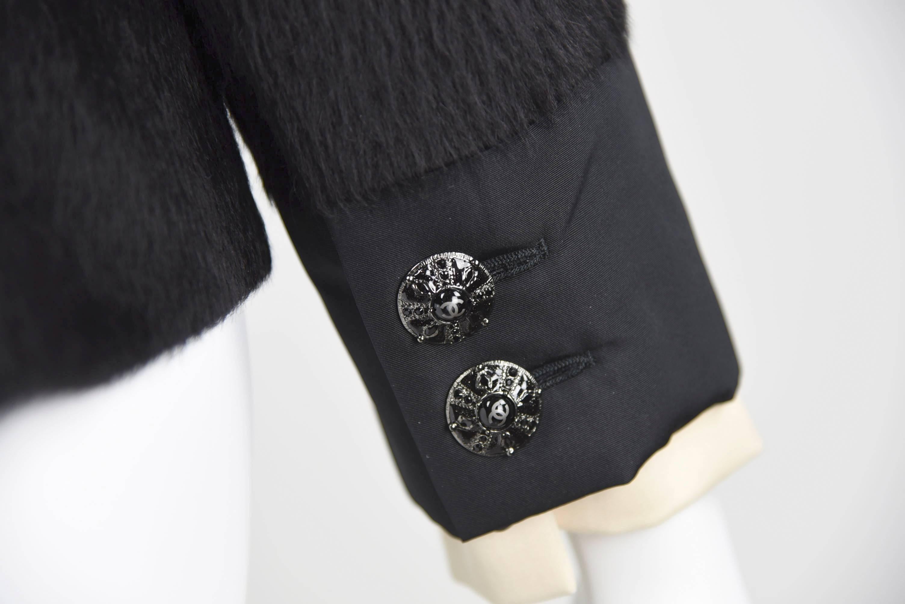 2010A Chanel Black Alpaca Peplum Jacket W/ Black Silk Trim & Impt. Buttons FR 38 For Sale 2
