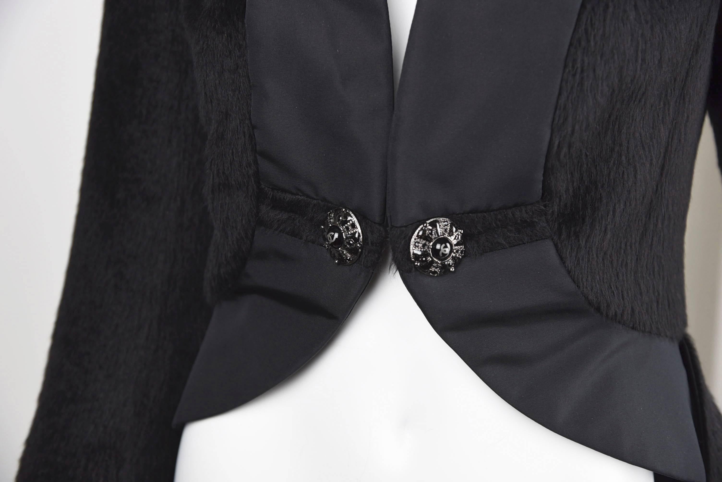 2010A Chanel Black Alpaca Peplum Jacket W/ Black Silk Trim & Impt. Buttons FR 38 For Sale 1