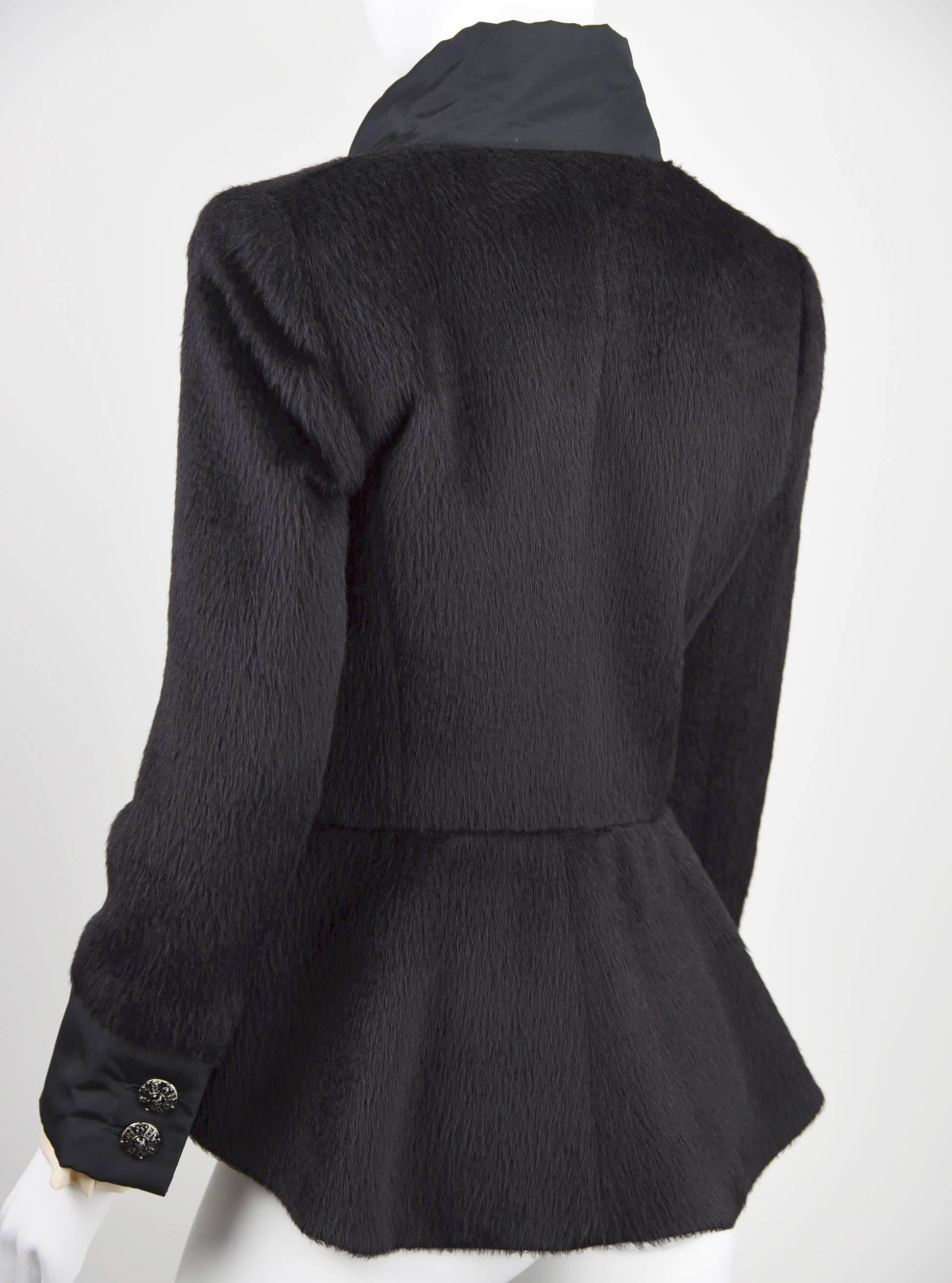 Women's 2010A Chanel Black Alpaca Peplum Jacket W/ Black Silk Trim & Impt. Buttons FR 38 For Sale