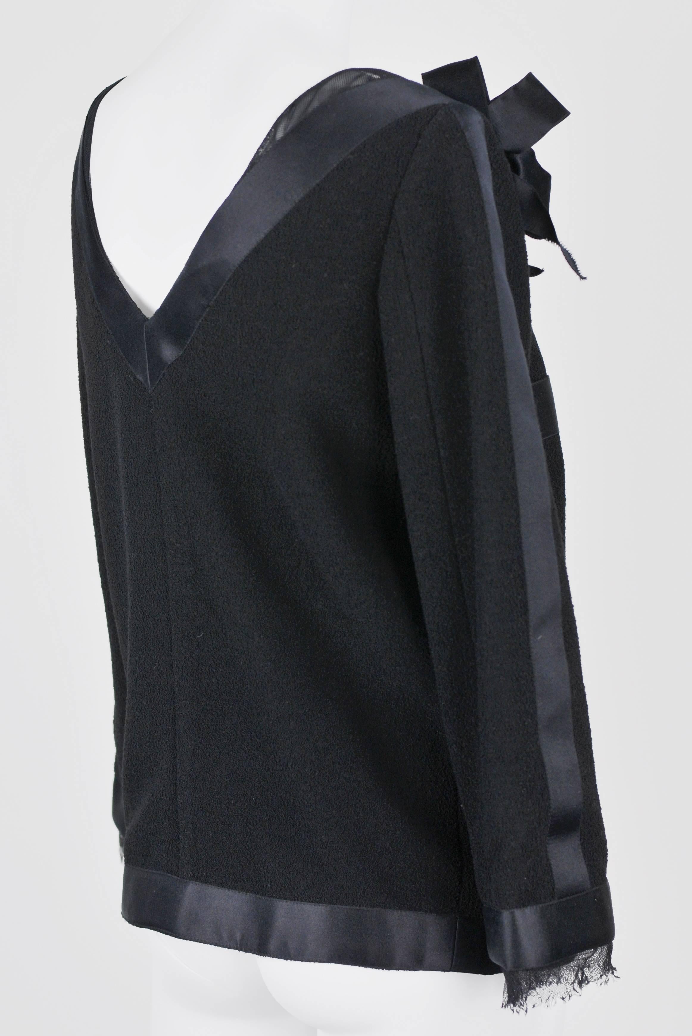 Black 2011A Chanel Wool Boucle Jacket w/Blk Satin Ribbon Trim & Gripoix Buttons FR 38