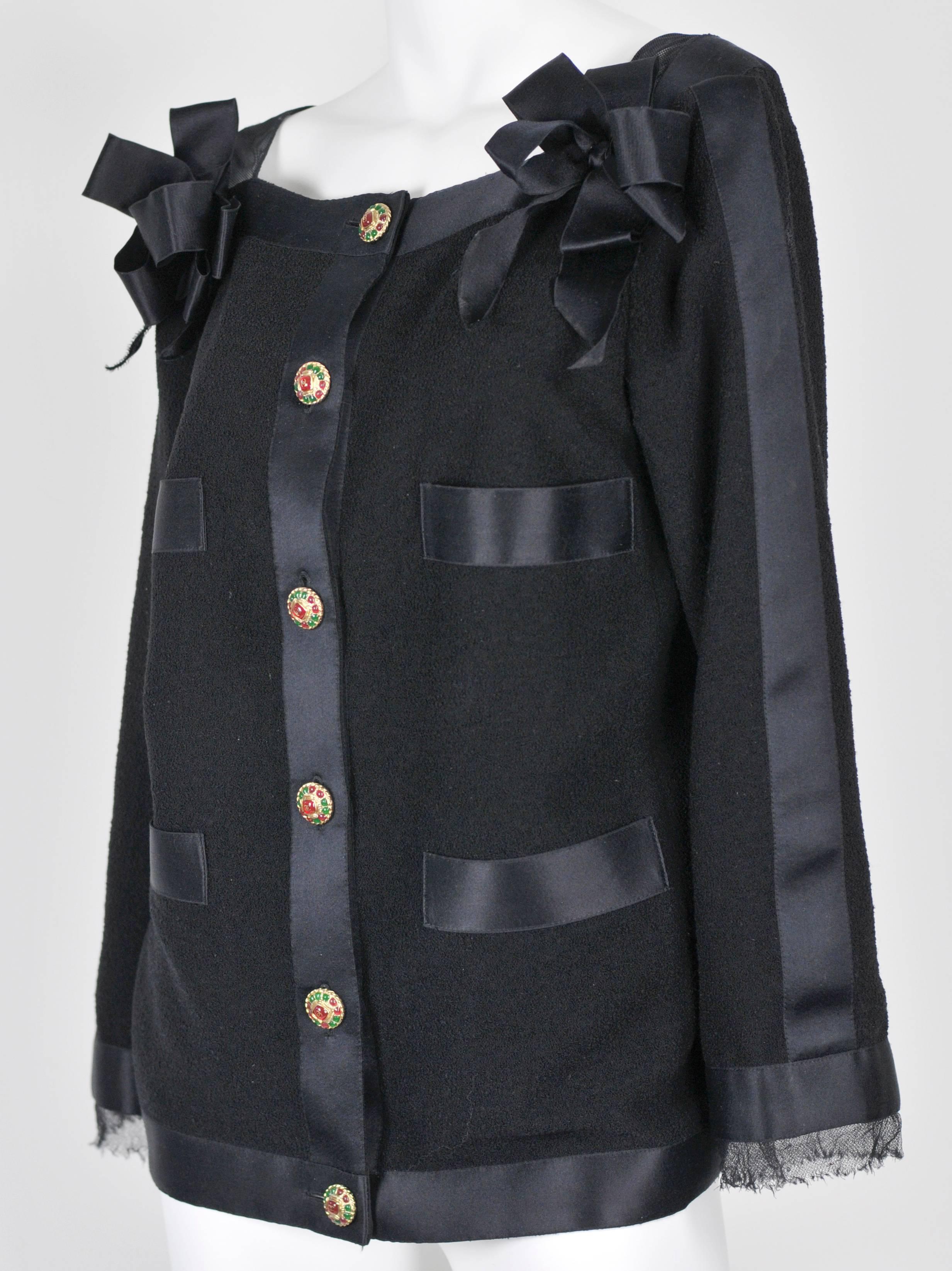 Women's 2011A Chanel Wool Boucle Jacket w/Blk Satin Ribbon Trim & Gripoix Buttons FR 38