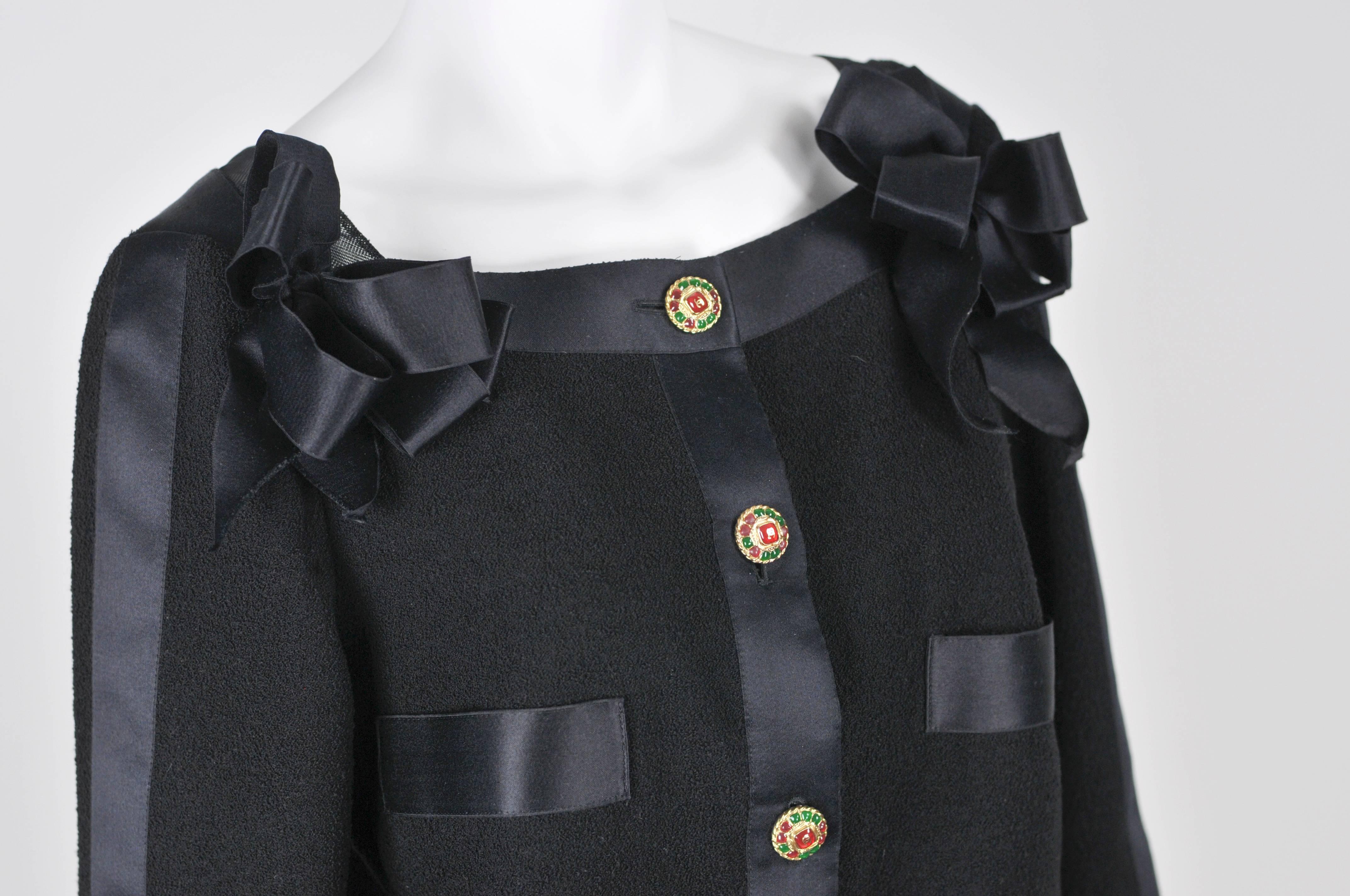 2011A Chanel Wool Boucle Jacket w/Blk Satin Ribbon Trim & Gripoix Buttons FR 38 2