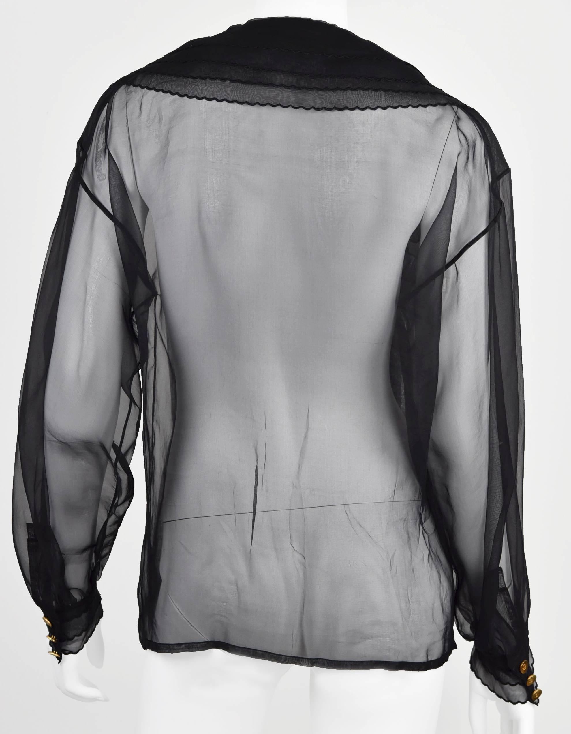 1980's Collection Sheer Silk Blouse w/Triple layer Collar & Cuffs  FR 38. For Sale 4