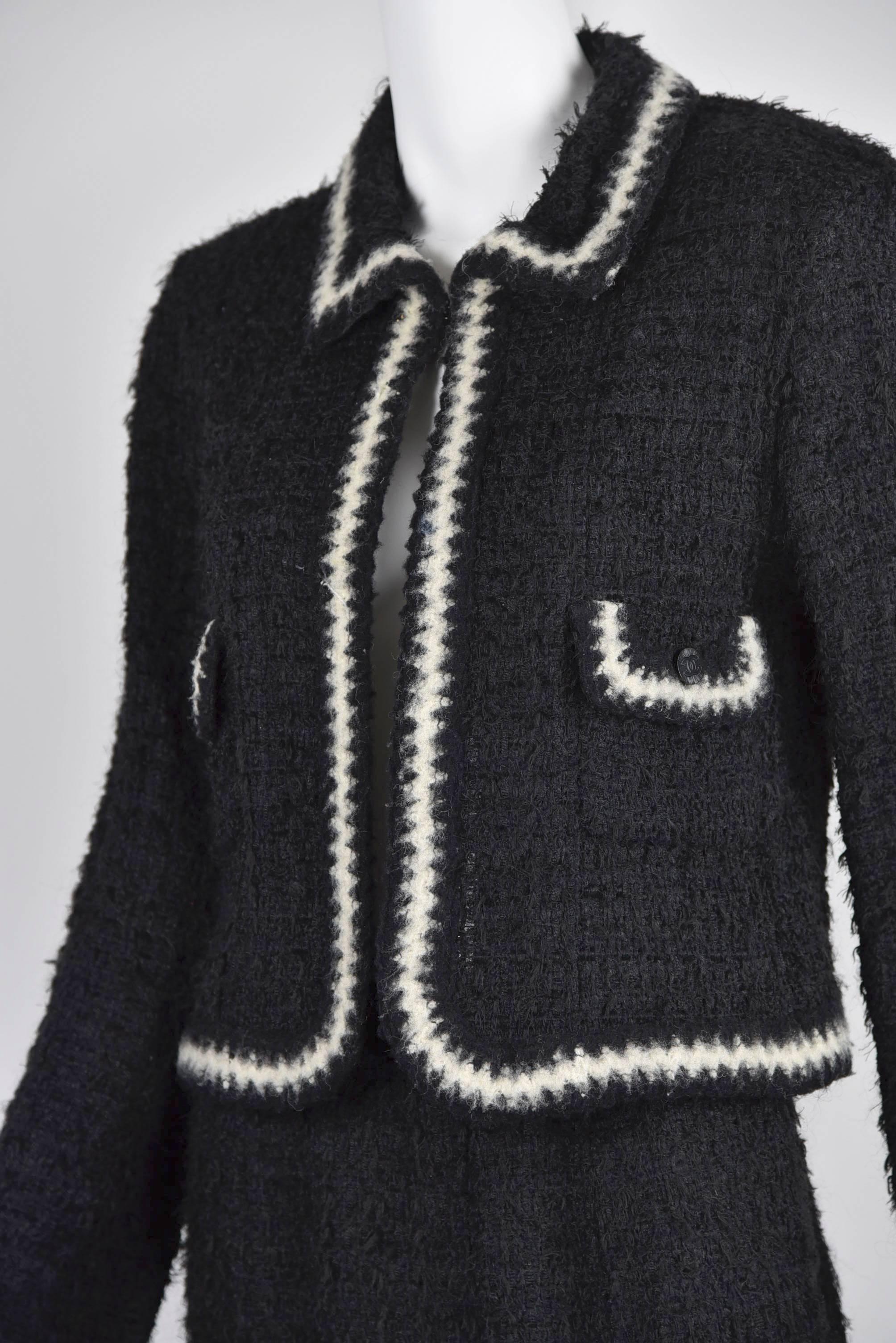 Black 1998A Chanel Mohair/Wool Jacket & Long Skirt with White Zig Zag Trim FR 38 For Sale