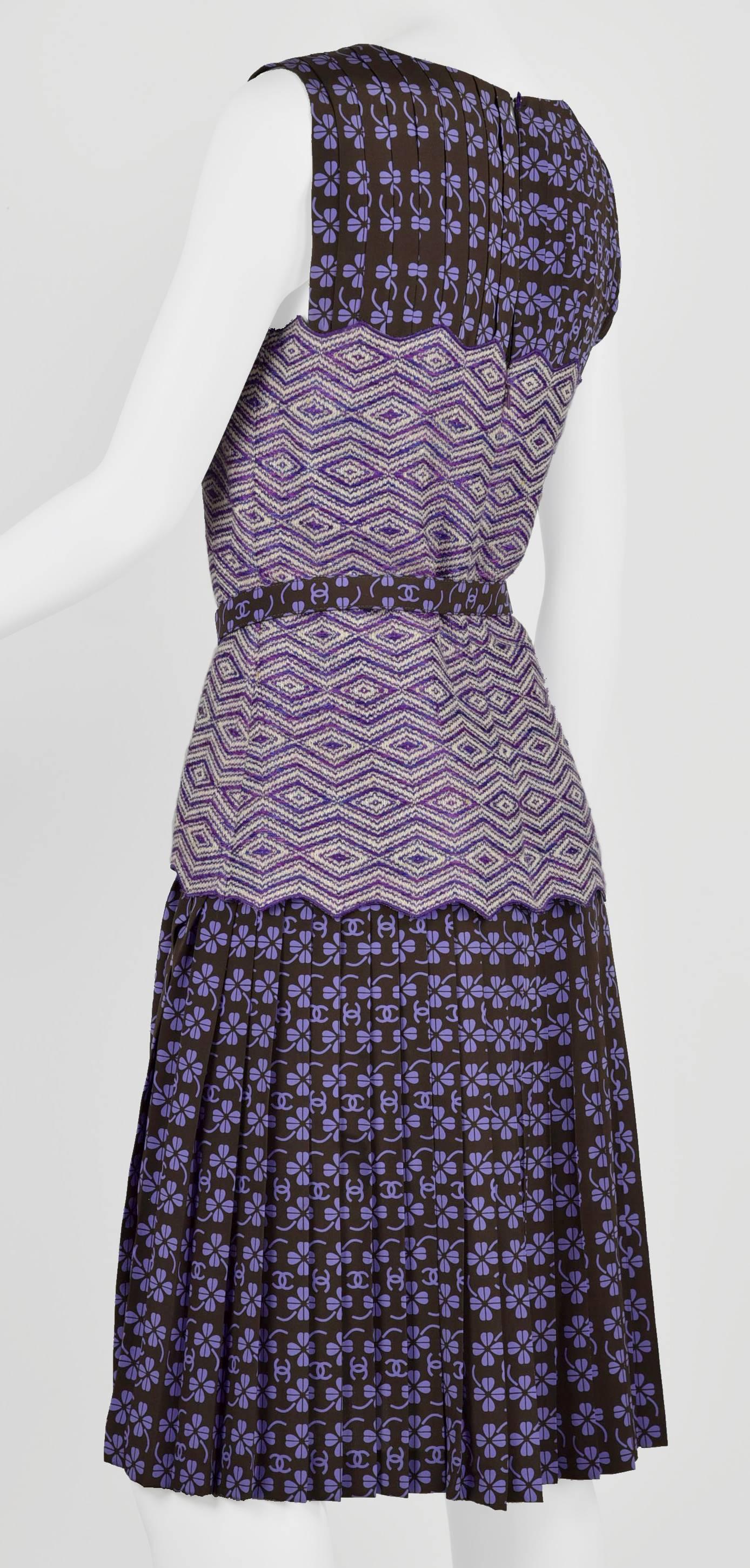 2001 Chanel Two-Piece Dress Set Purple Logo Print and Woven Wool Fabric FR 38 In Excellent Condition For Sale In Portland, OR