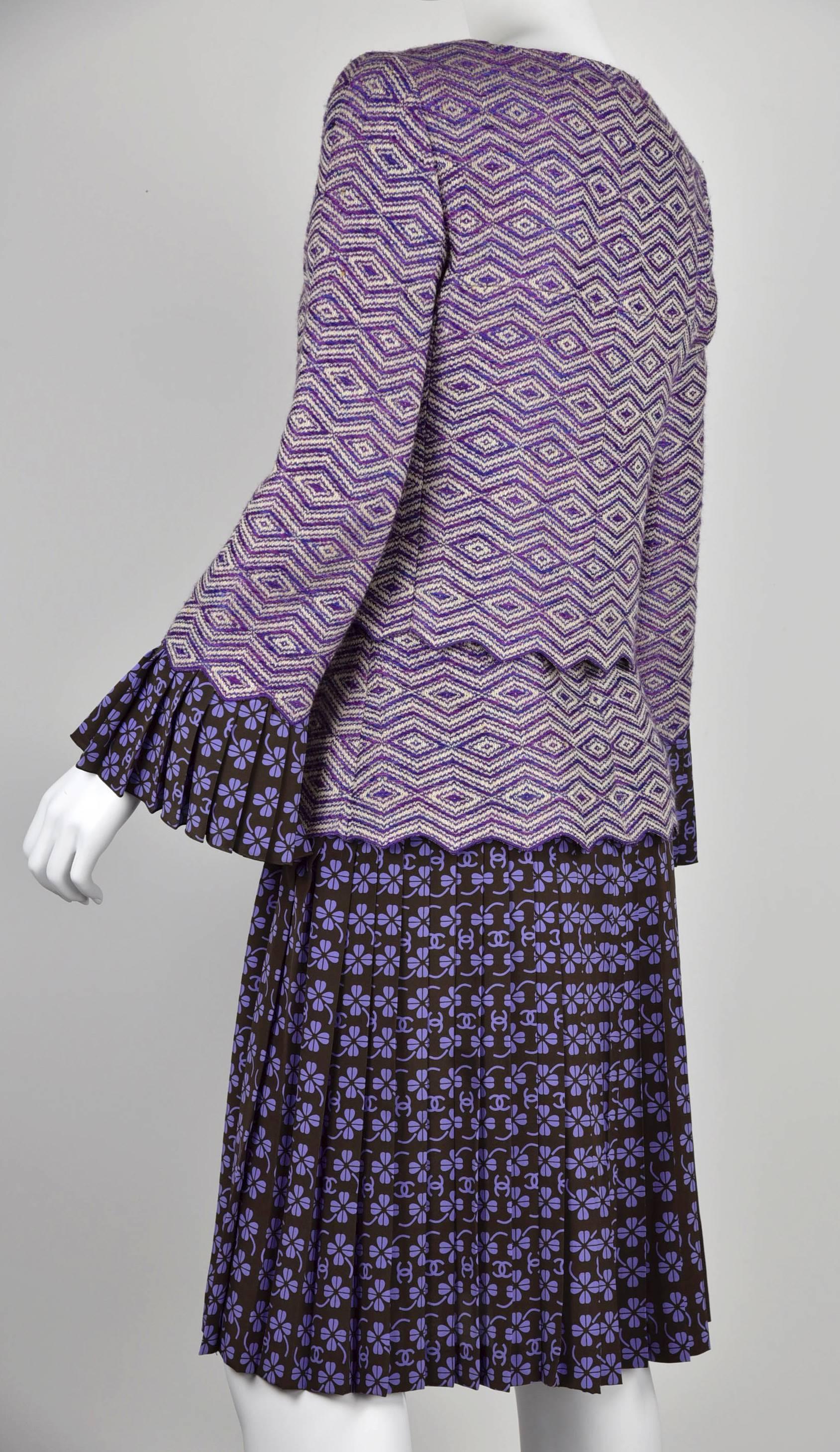 Gray 2001 Chanel Two-Piece Dress Set Purple Logo Print and Woven Wool Fabric FR 38 For Sale