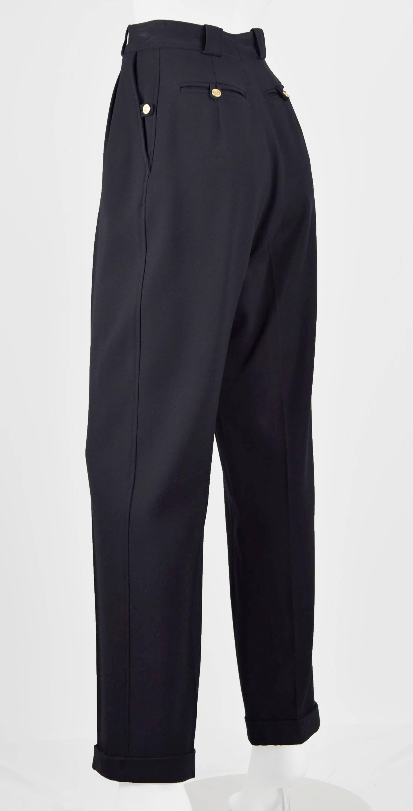 Women's 1980's Boutique Black Wool Pants With Cuffs & Famous HistoricChanel Buttons FR 4 For Sale