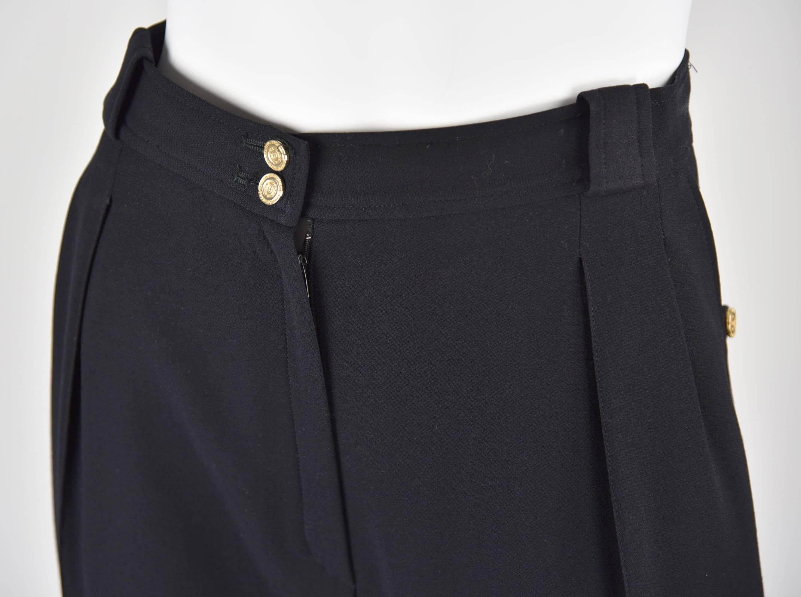 1980's Boutique Black Wool Pants With Cuffs & Famous HistoricChanel Buttons FR 4 For Sale 1